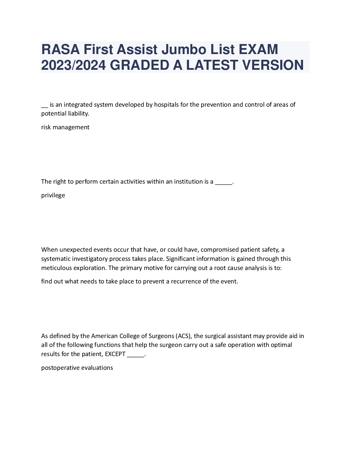 Recommended document preview for RASA First Assist Jumbo List EXAM  2023/2024 GRADED A LATEST VERSION
