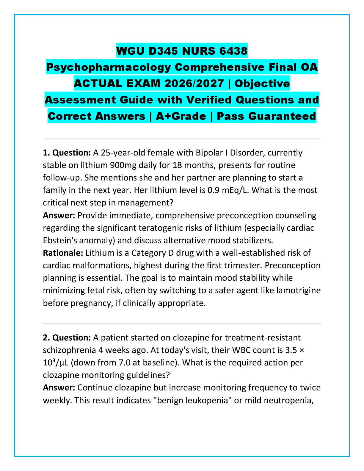 Recommended document preview for WGU D345 NURS 6438 Psychopharmacology Comprehensive Final OA ACTUAL EXAM 2026/2027 | Objective Assessment Guide with Verified Questions and Correct Answers | A+Grade | Pass Guaranteed