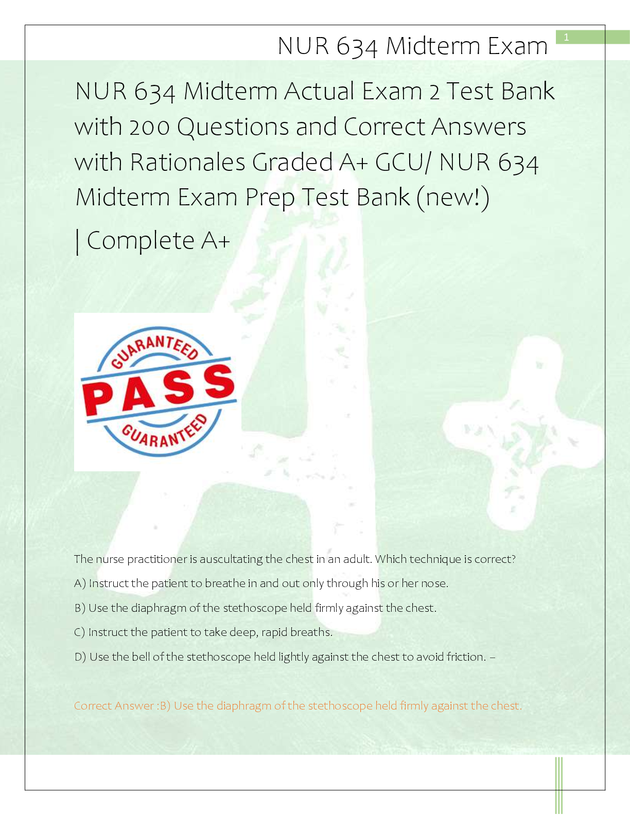 Recommended document preview for NUR 634 Midterm Actual Exam 2 Test Bank  with 200 Questions and Correct Answers  with Rationales Graded A+ GCU/ NUR 634  Midterm Exam Prep Test Bank (new!)  | Complete A+