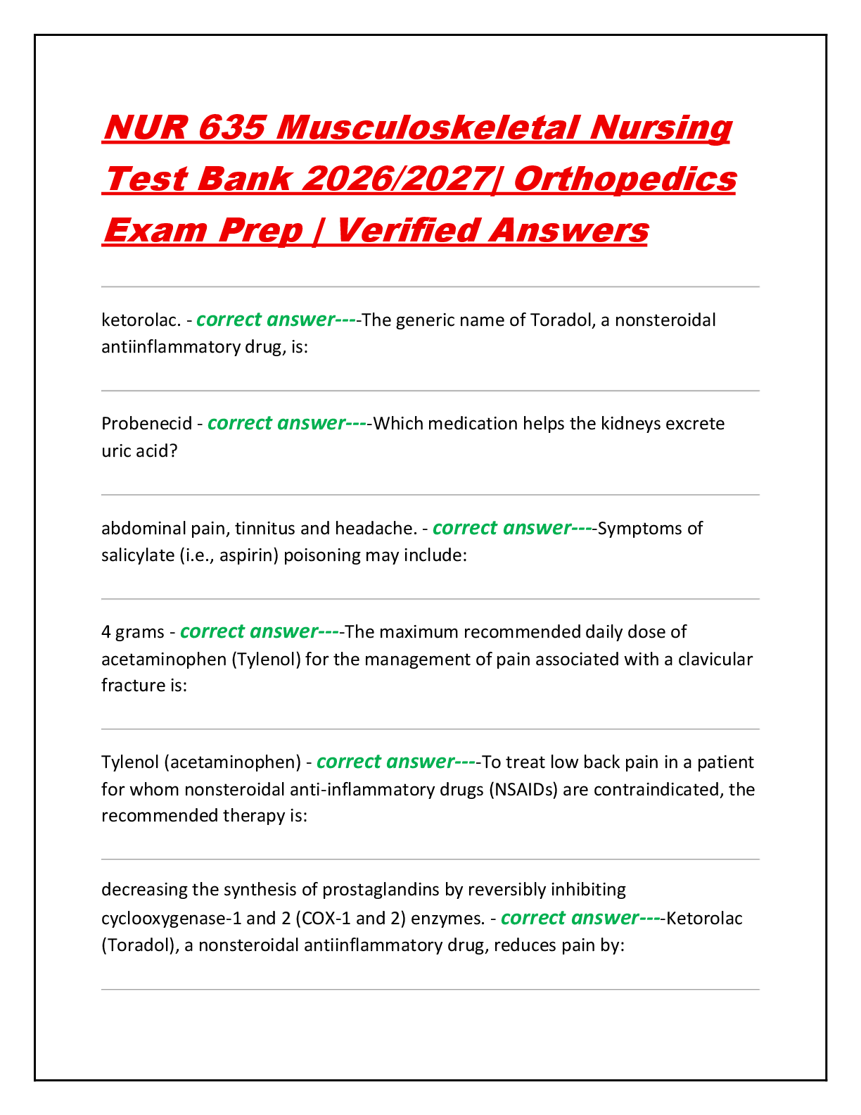 Preview of NUR 635 Musculoskeletal Nursing Test Bank 2026/2027| Orthopedics Exam Prep | Verified Answ
