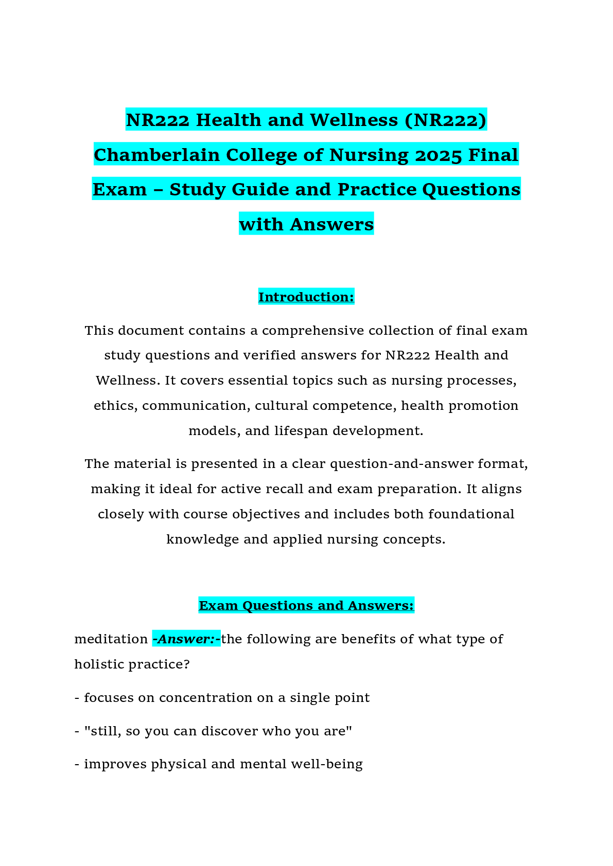 Recommended document preview for NR222 Health and Wellness (NR222)  Chamberlain College of Nursing 2025 Final  Exam – Study Guide and Practice Questions  with Answers