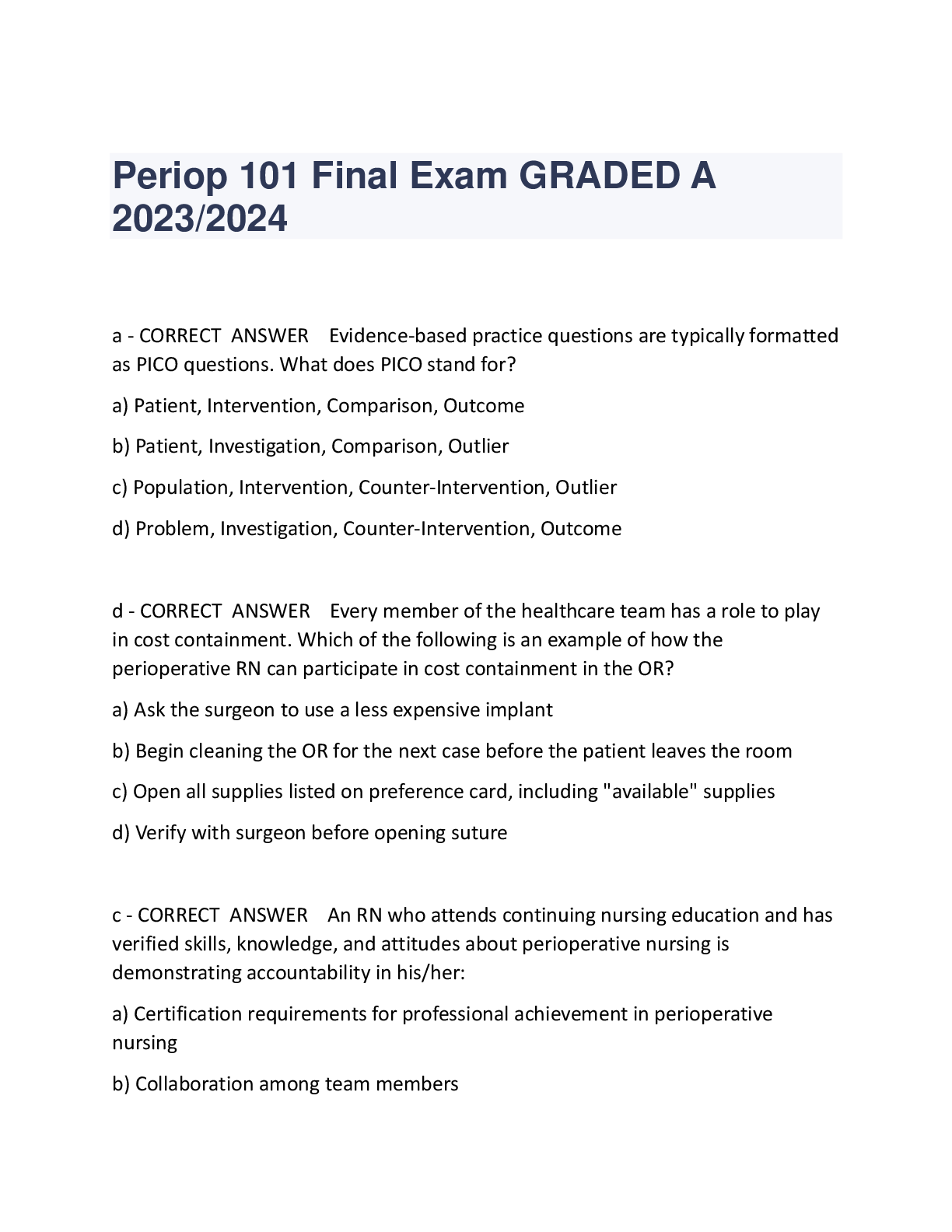 Preview of Periop 101 Final Exam GRADED A  2023/2024