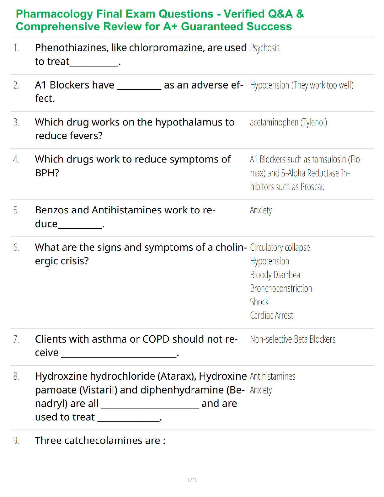 Pharmacology Final Exam Questions - Verified Q&A & Comprehensive Review for A+ Guaranteed Success