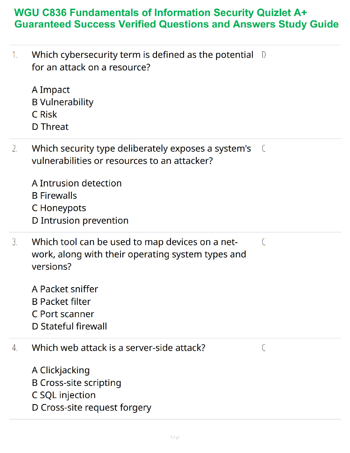 Recommended document preview for WGU C836 Fundamentals of Information Security Quizlet A+ Guaranteed Success Verified Questions and Answers Study Guide