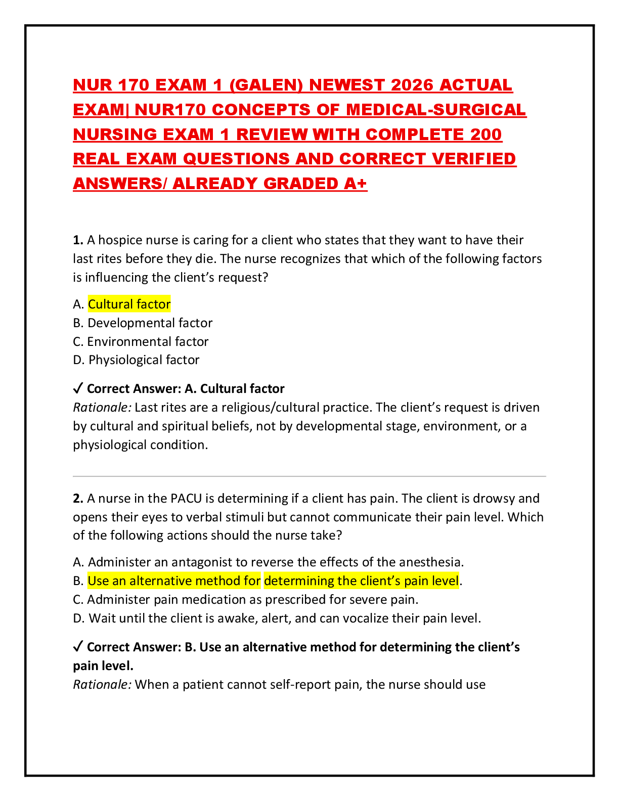 Recommended document preview for NUR 170 EXAM 1 (GALEN) NEWEST 2026 ACTUAL EXAM| NUR170 CONCEPTS OF MEDICAL-SURGICAL NURSING EXAM 1 REVIEW WITH COMPLETE 200 REAL EXAM QUESTIONS AND CORRECT VERIFIED ANSWERS/ ALREADY GRADED A+