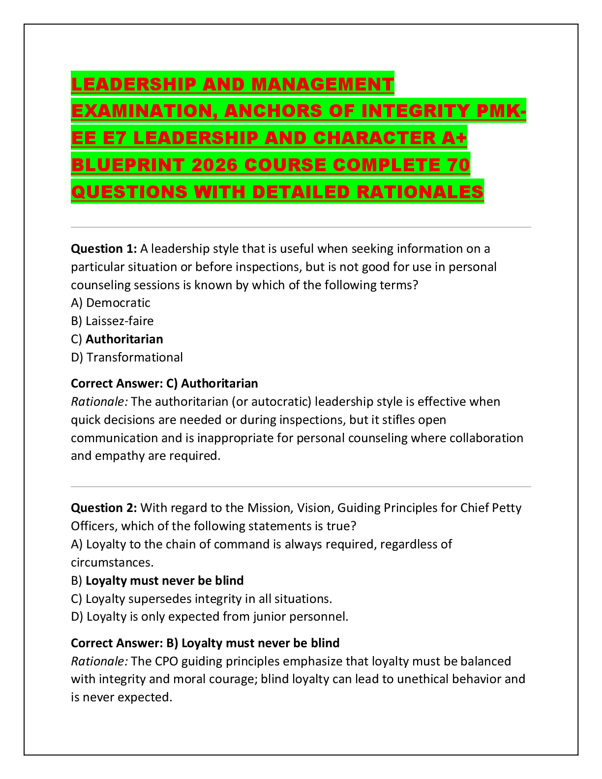 Recommended document preview for LEADERSHIP AND MANAGEMENT EXAMINATION, ANCHORS OF INTEGRITY PMK-EE E7 LEADERSHIP AND CHARACTER A+ BLUEPRINT 2026 COURSE COMPLETE 70 QUESTIONS WITH DETAILED RATIONALES