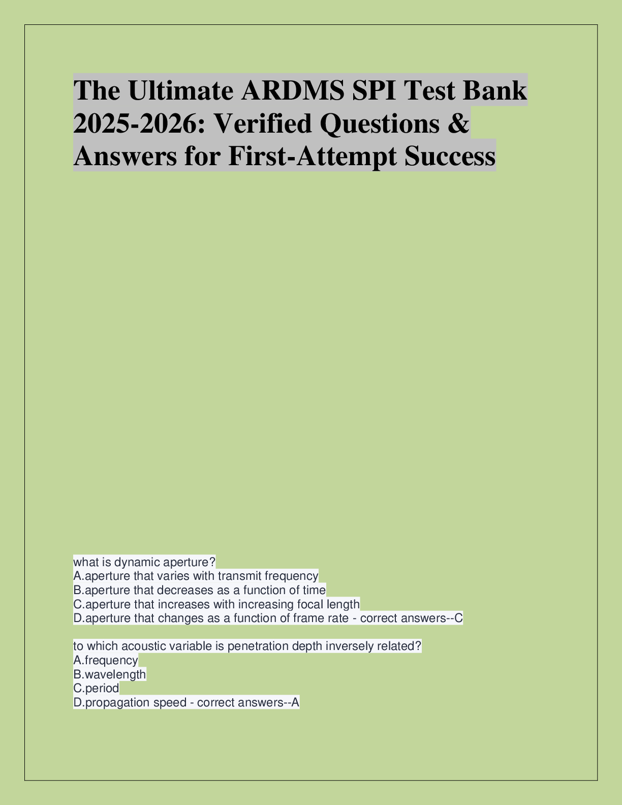 Recommended document preview for The Ultimate ARDMS SPI Test Bank  2025-2026: Verified Questions &  Answers for First-Attempt Success