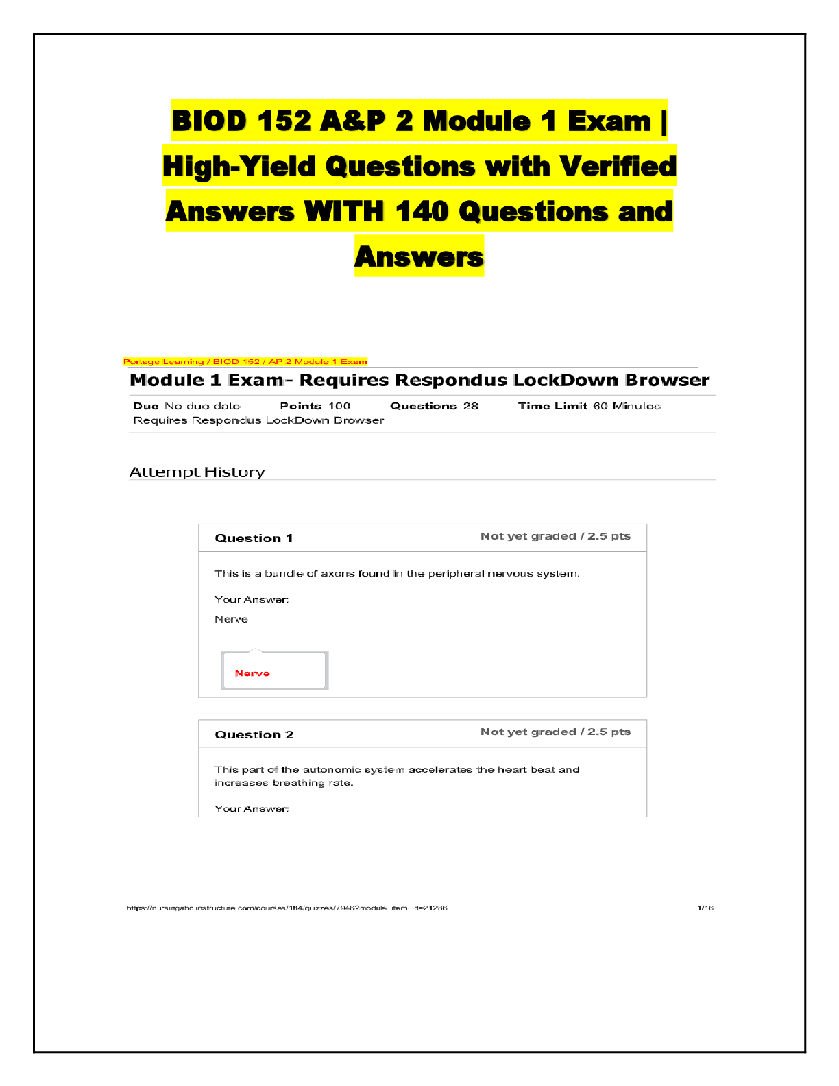 Recommended document preview for BIOD 152 A&P 2 Module 1 Exam |  High-Yield Questions with Verified  Answers WITH 140 Questions and  Answers