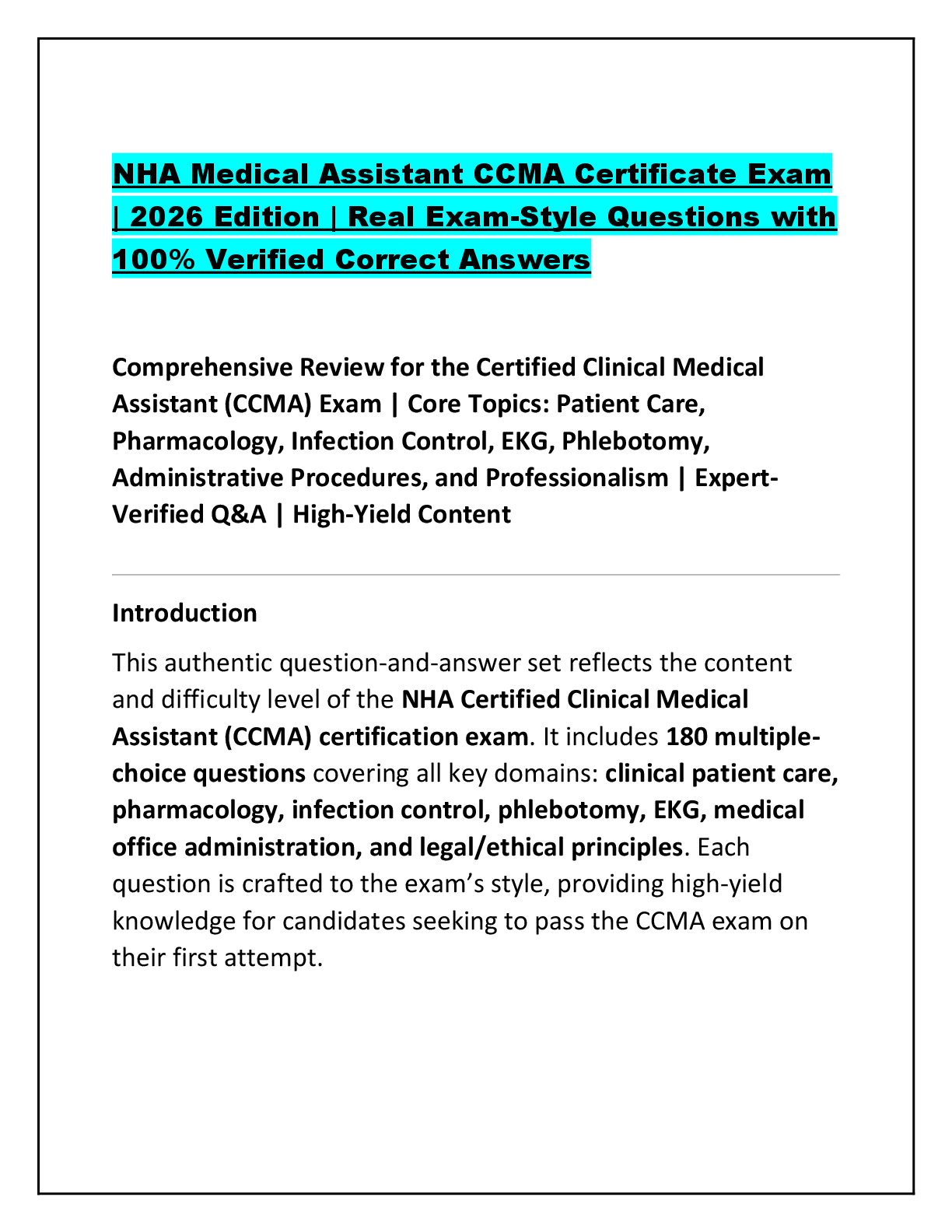 Recommended document preview for NHA Medical Assistant CCMA Certificate Exam  | 2026 Edition | Real Exam-Style Questions with  100% Verified Correct Answers