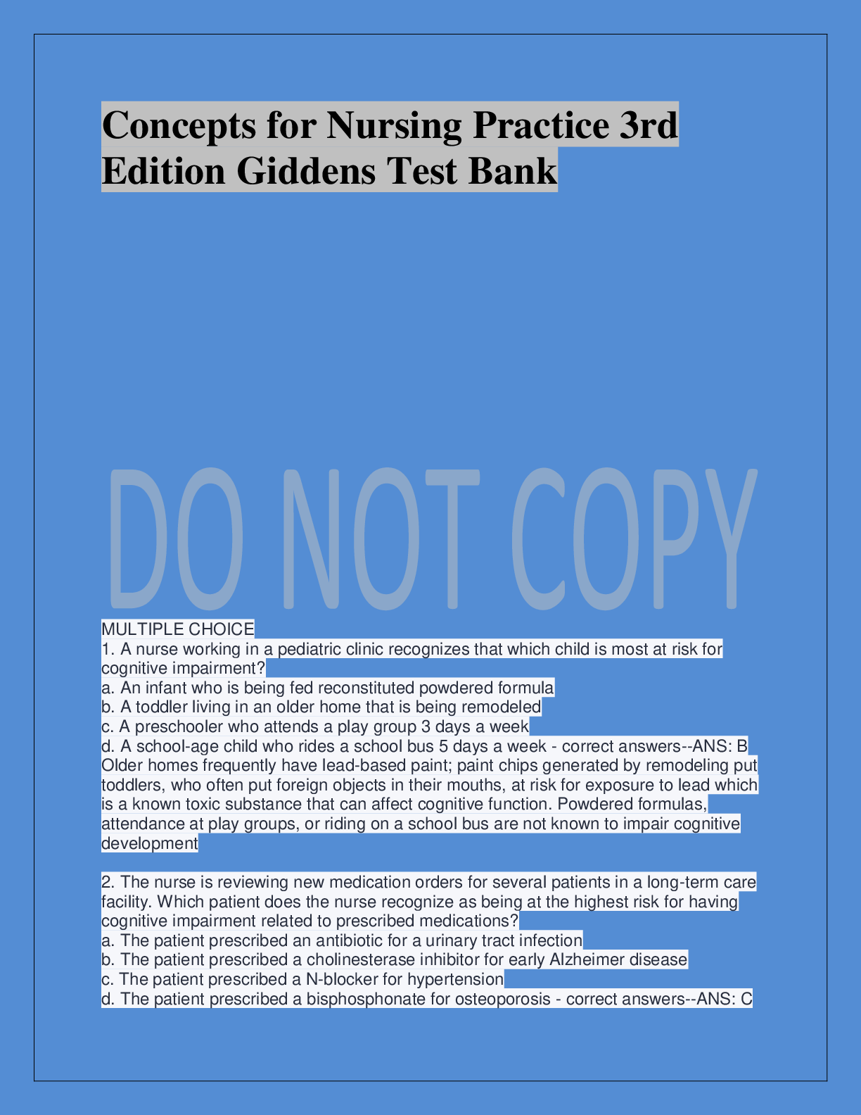 Preview of Concepts for Nursing Practice 3rd  Edition Giddens Test Bank