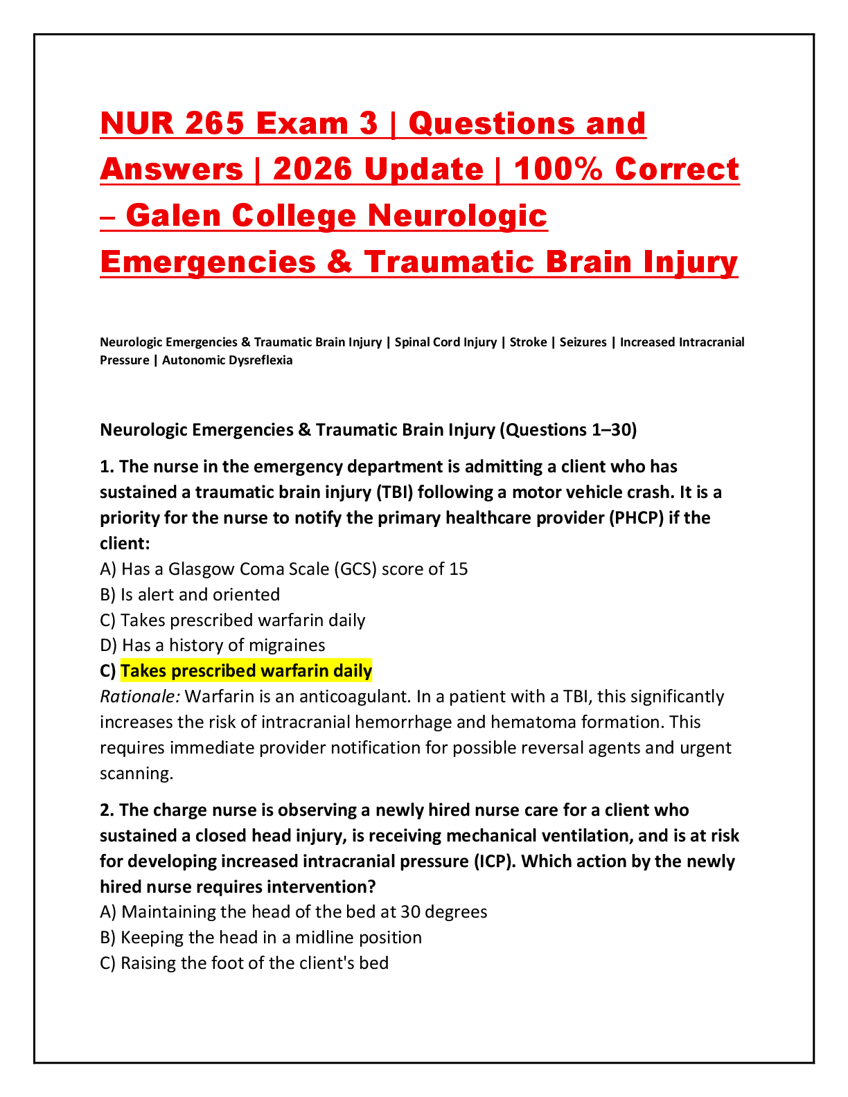 Preview of NUR 265 Exam 3 | Questions and Answers | 2026 Update | 100% Correct – Galen College Neurol