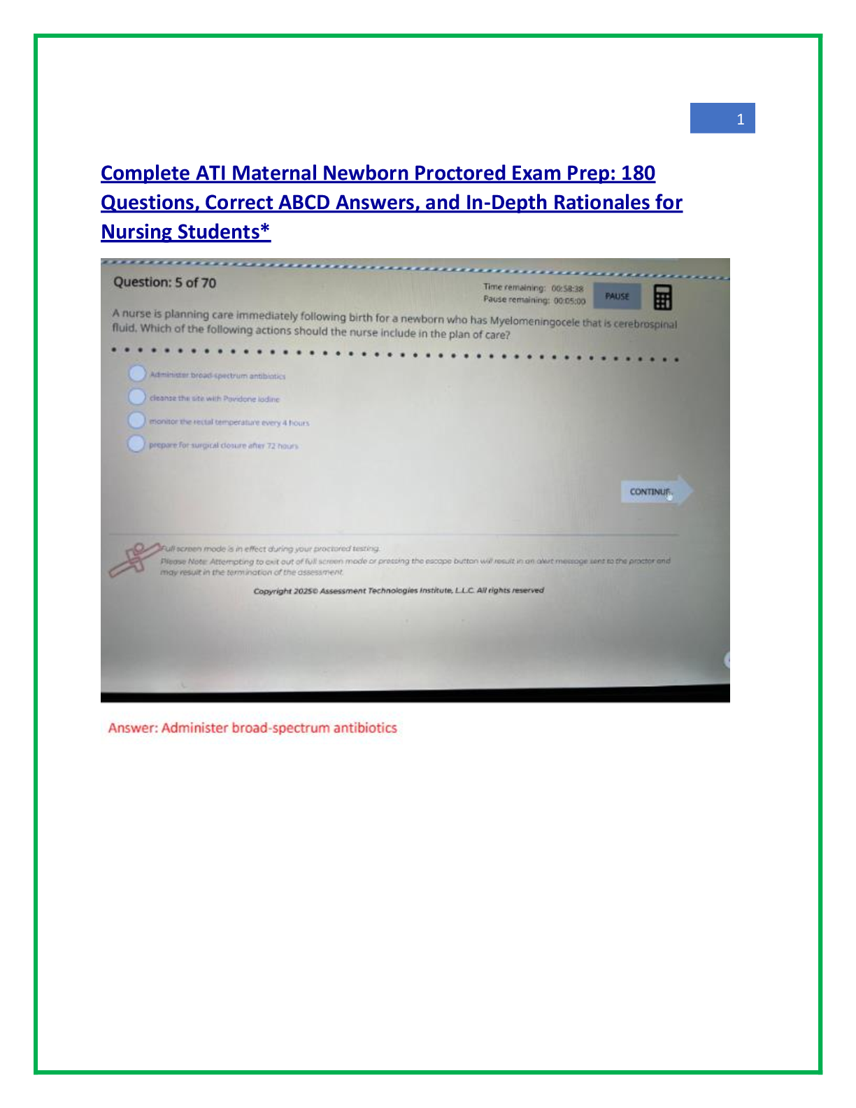 Recommended document preview for Complete ATI Maternal Newborn Proctored Exam Prep: 180  Questions, Correct ABCD Answers, and In-Depth Rationales for  Nursing Students*