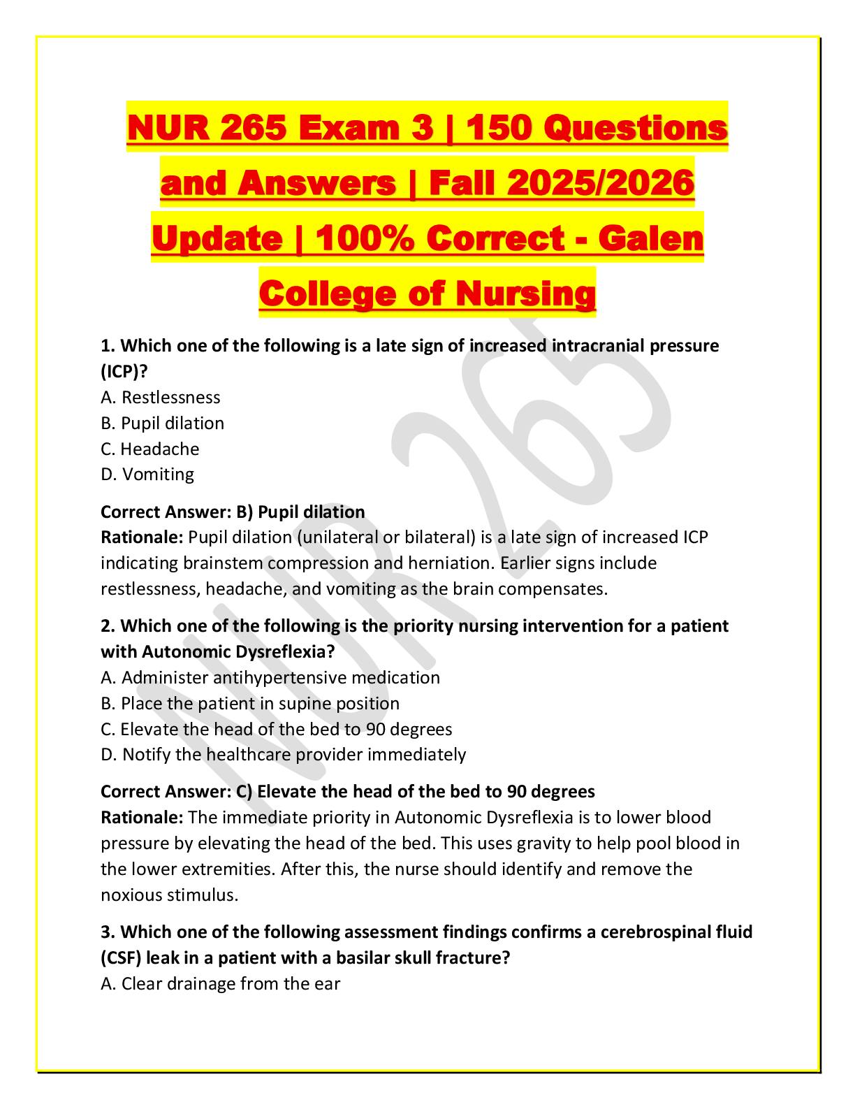 Preview of NUR 265 Exam 3 | 150 Questions and Answers | Fall 2025/2026 Update | 100% Correct - Galen