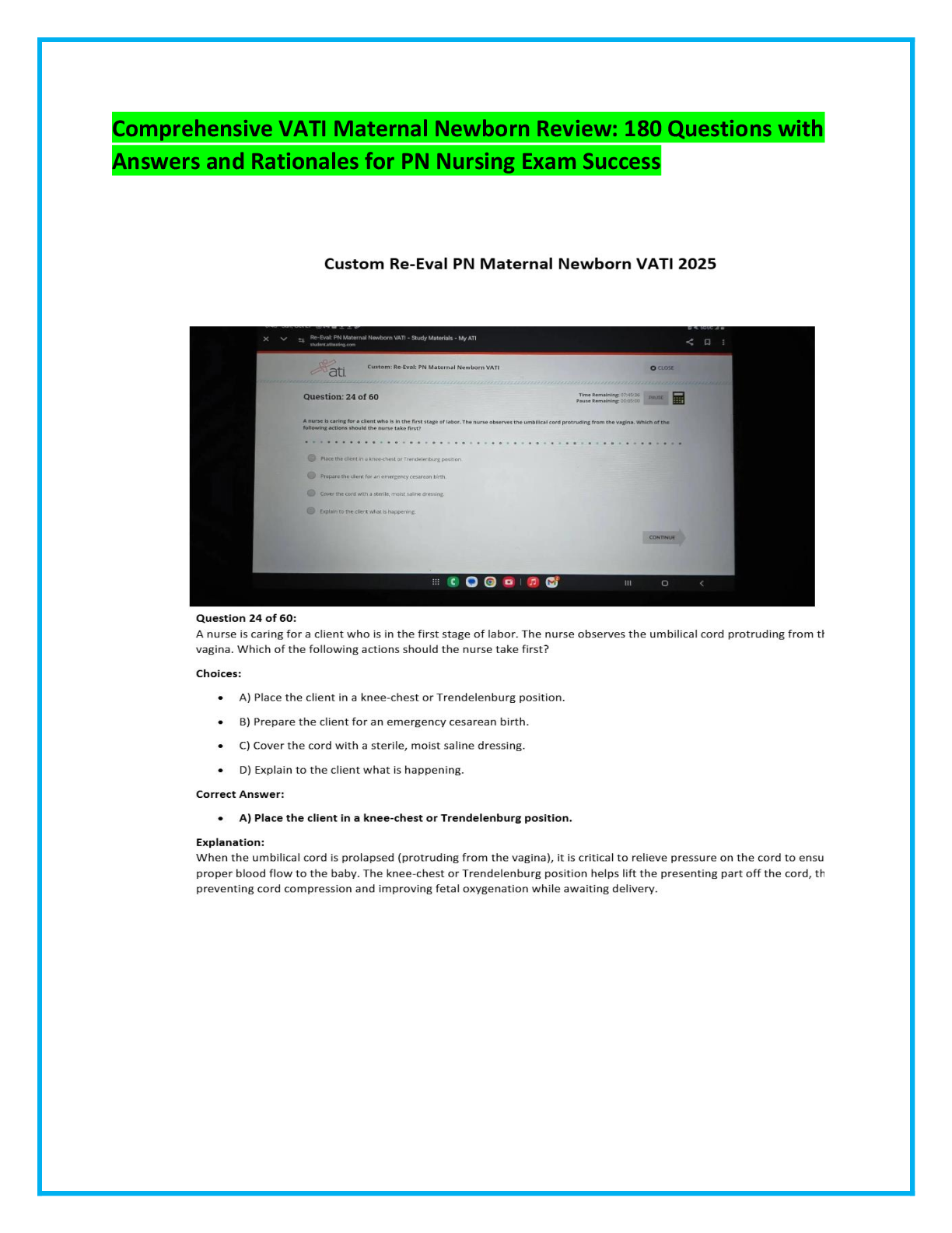 Preview of Comprehensive VATI Maternal Newborn Review: 180 Questions with  Answers and Rationales for PN Nursing Exam Success