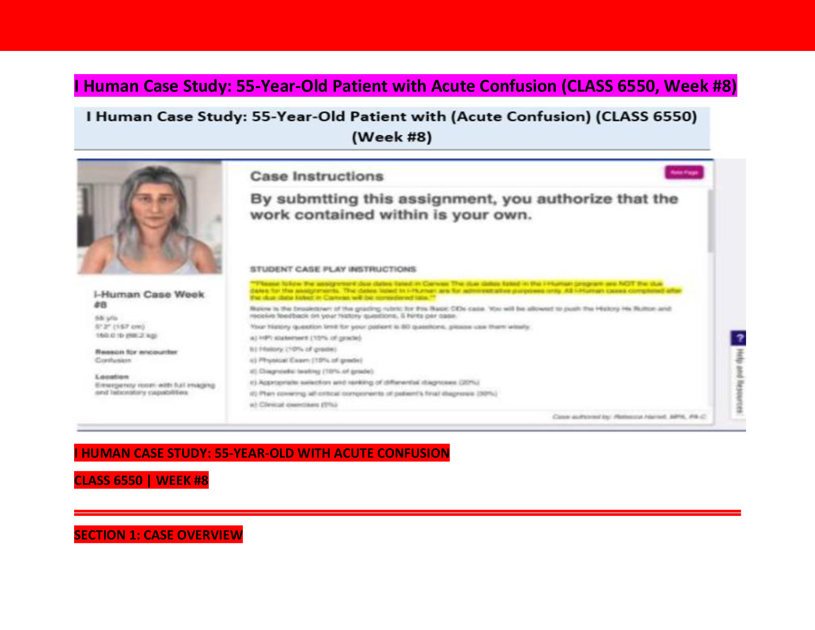 Preview of I Human Case Study: 55-Year-Old Patient with Acute Confusion (CLASS 6550, Week #8)