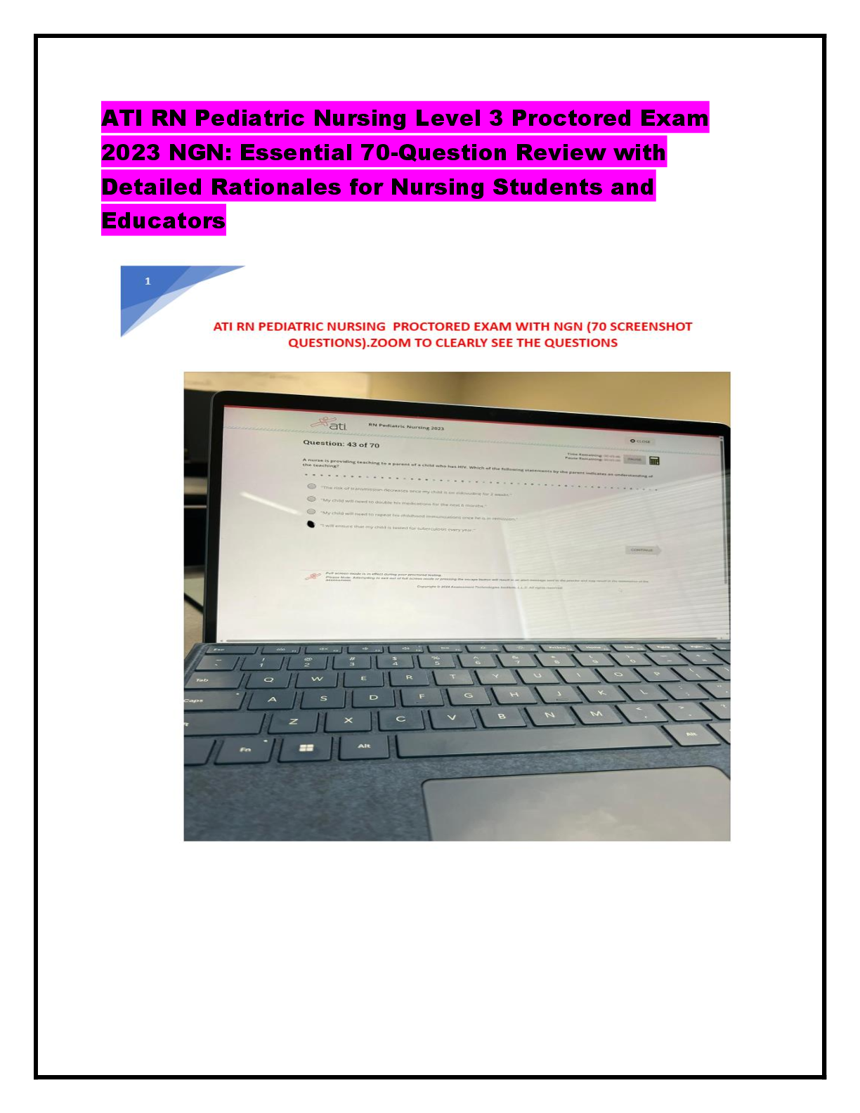 Preview of ATI RN Pediatric Nursing Level 3 Proctored Exam  2023 NGN: Essential 70-Question Review with  Detailed Rationales for Nursing Students and  Educators