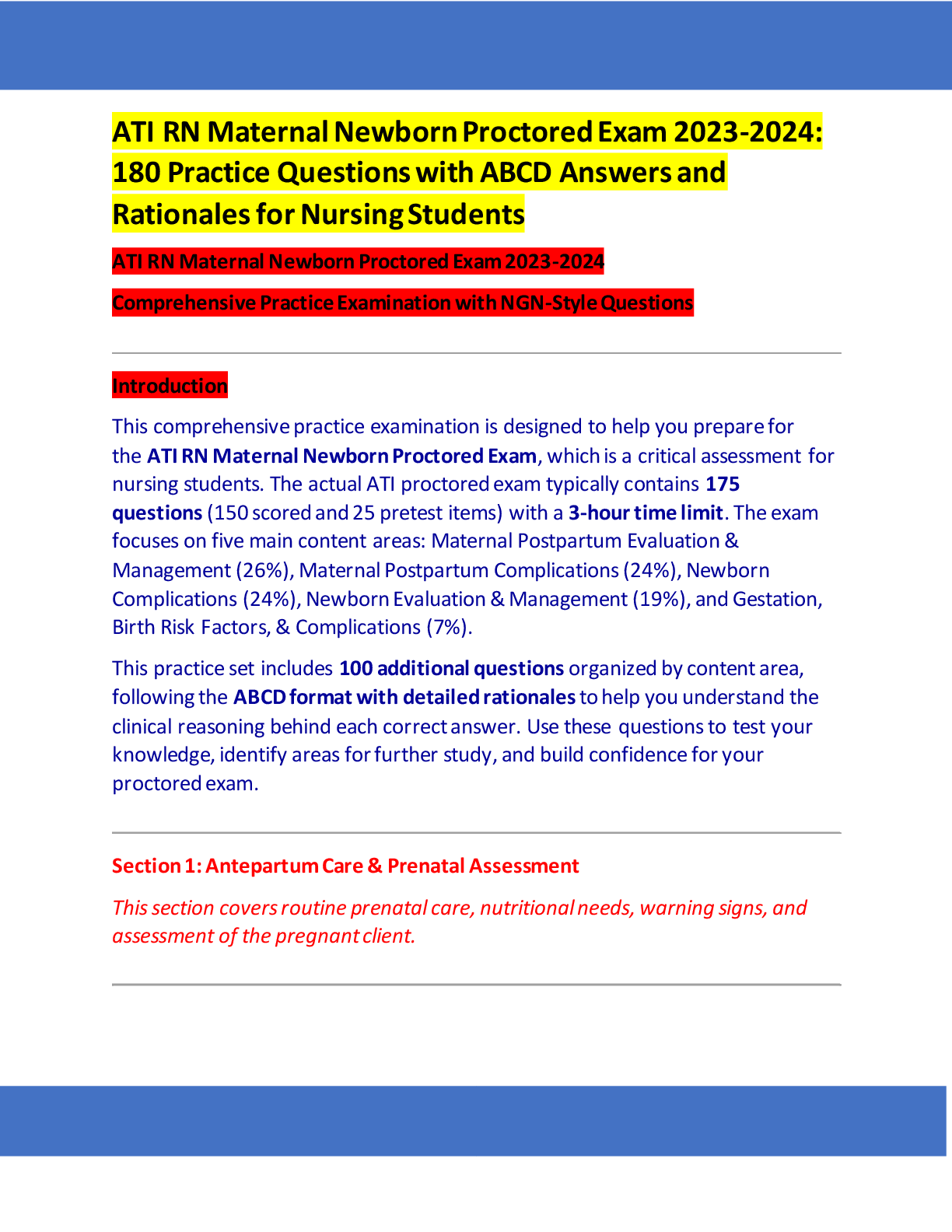 Recommended document preview for ATI RN Maternal Newborn Proctored Exam 2023-2024:  180 Practice Questions with ABCD Answers and  Rationales for Nursing Students