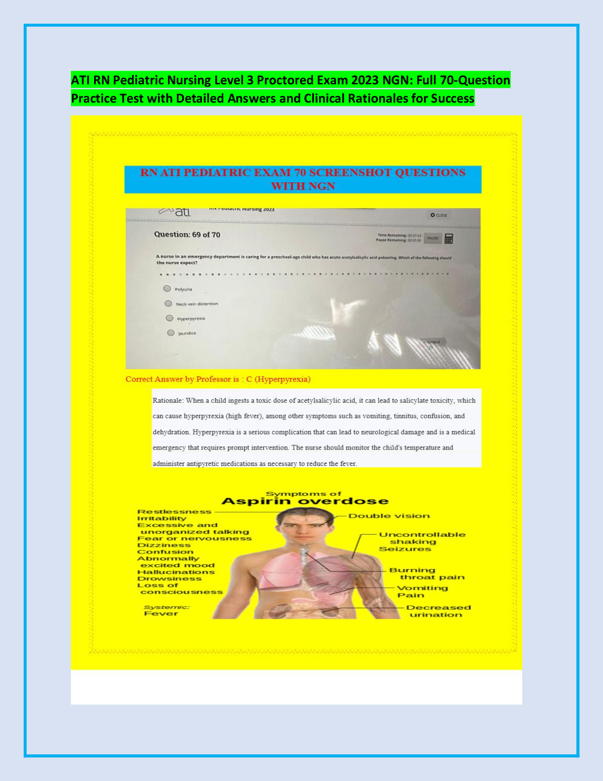 Preview of ATI RN Pediatric Nursing Level 3 Proctored Exam  2023 NGN: Essential 70-Question Review with  Detailed Rationales for Nursing Students and  Educators