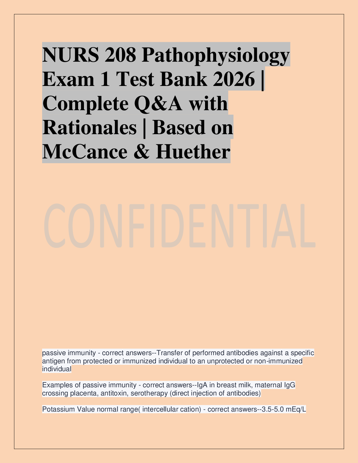 Recommended document preview for NURS 208 Pathophysiology  Exam 1 Test Bank 2026 |  Complete Q&A with  Rationales | Based on  McCance & Huether