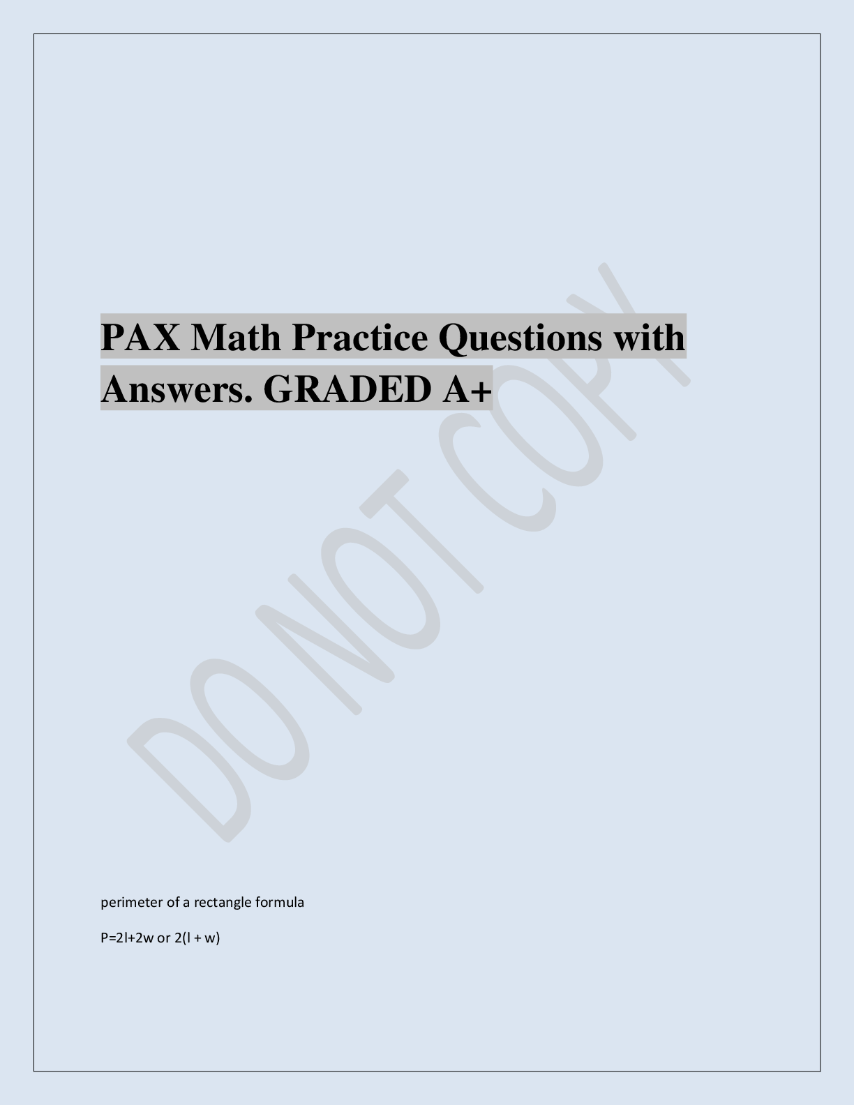 Preview of PAX Math Practice Questions with  Answers. GRADED A+