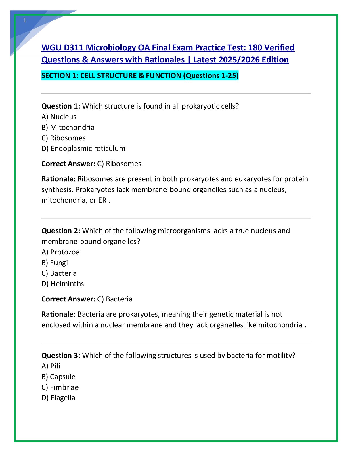 Recommended document preview for WGU D311 Microbiology OA Final Exam Practice Test: 180 Verified  Questions & Answers with Rationales | Latest 2025/2026 Edition