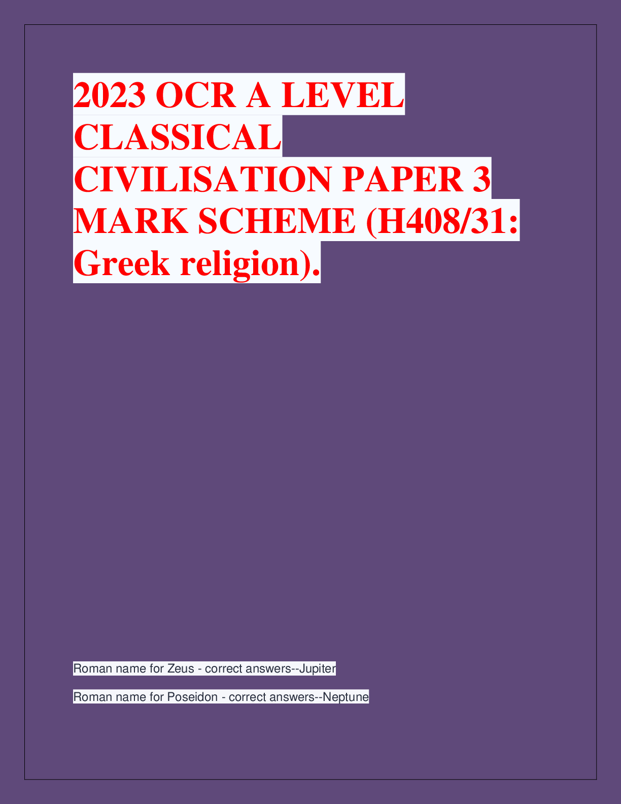 Preview image for 2023 OCR A LEVEL  CLASSICAL  CIVILISATION PAPER 3  MARK SCHEME (H408/31:  Greek religion).