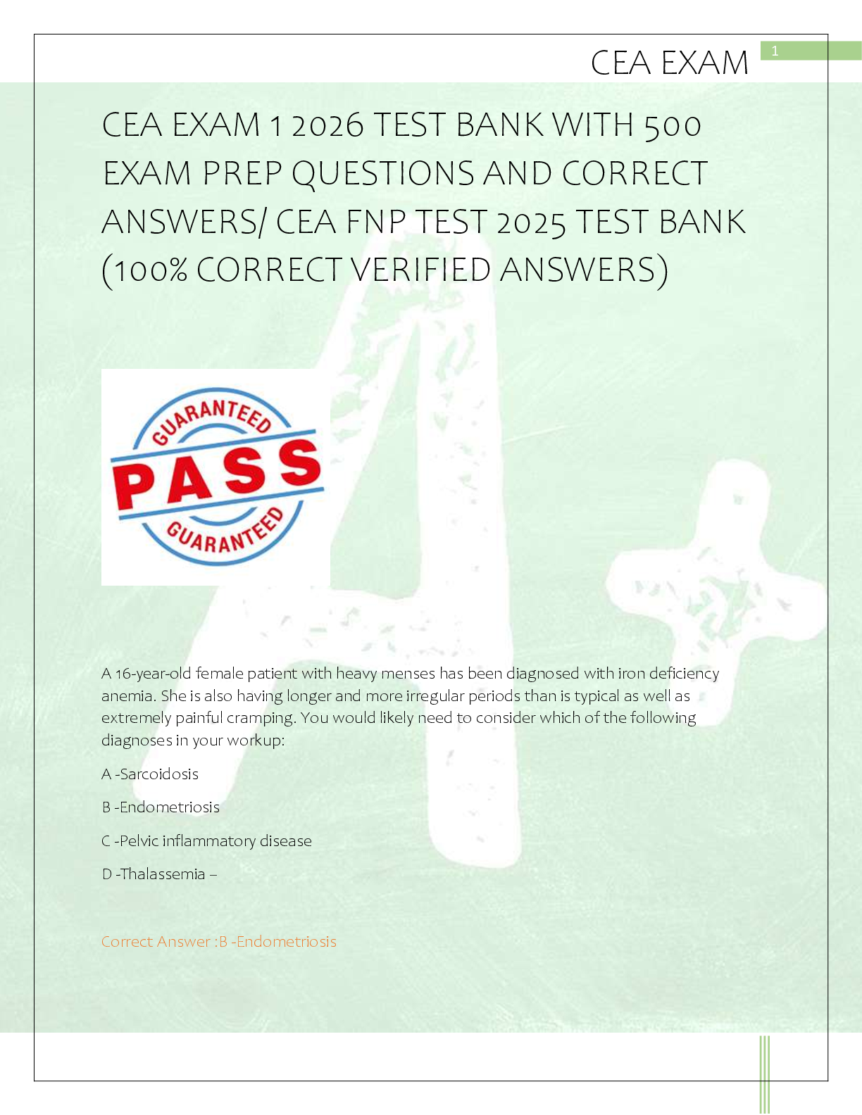 Preview of CEA EXAM 1 2026 TEST BANK WITH 500  EXAM PREP QUESTIONS AND CORRECT  ANSWERS/ CEA FNP TEST