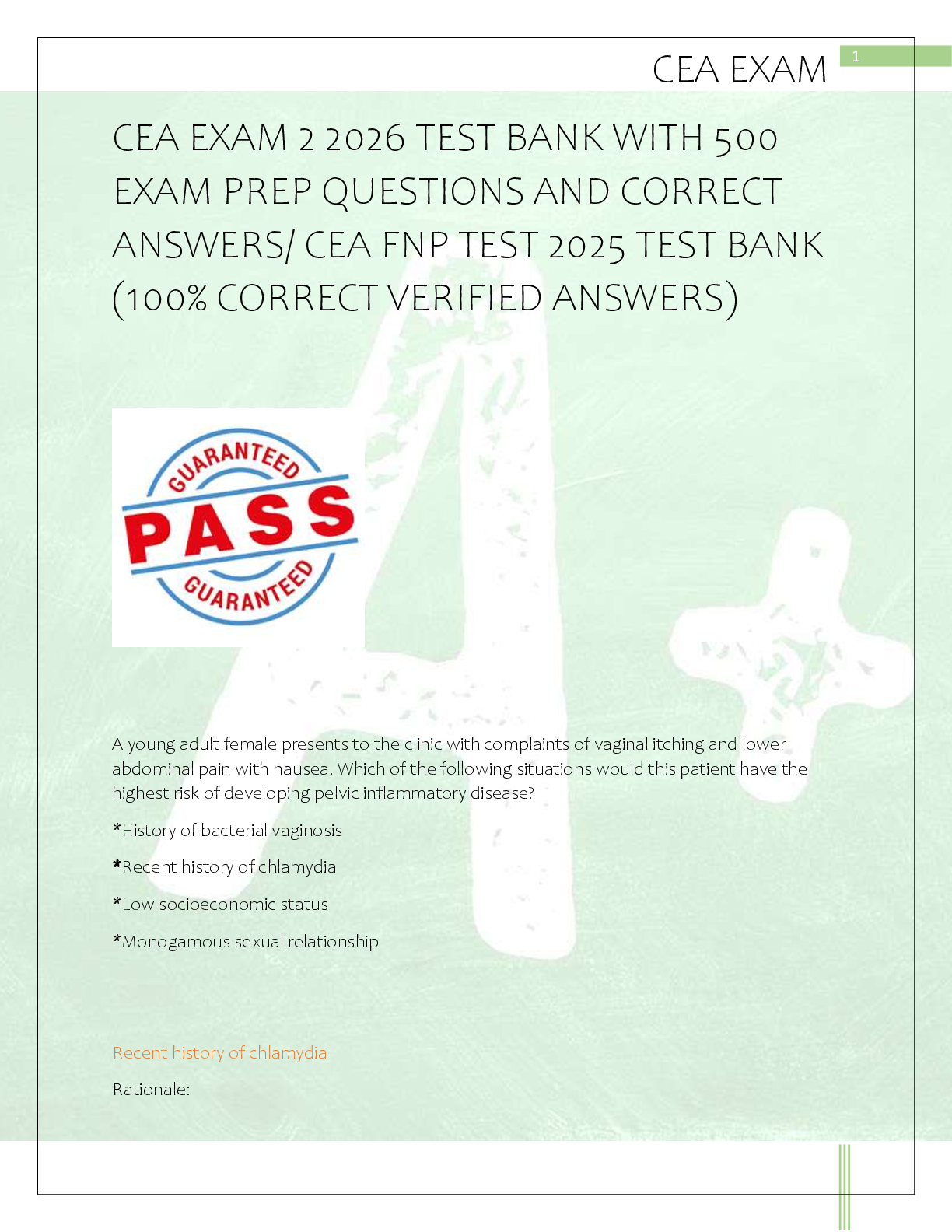 Recommended document preview for CEA EXAM 2 2026 TEST BANK WITH 500  EXAM PREP QUESTIONS AND CORRECT  ANSWERS/ CEA FNP TEST 2025 TEST BANK  (100% CORRECT VERIFIED ANSWERS)