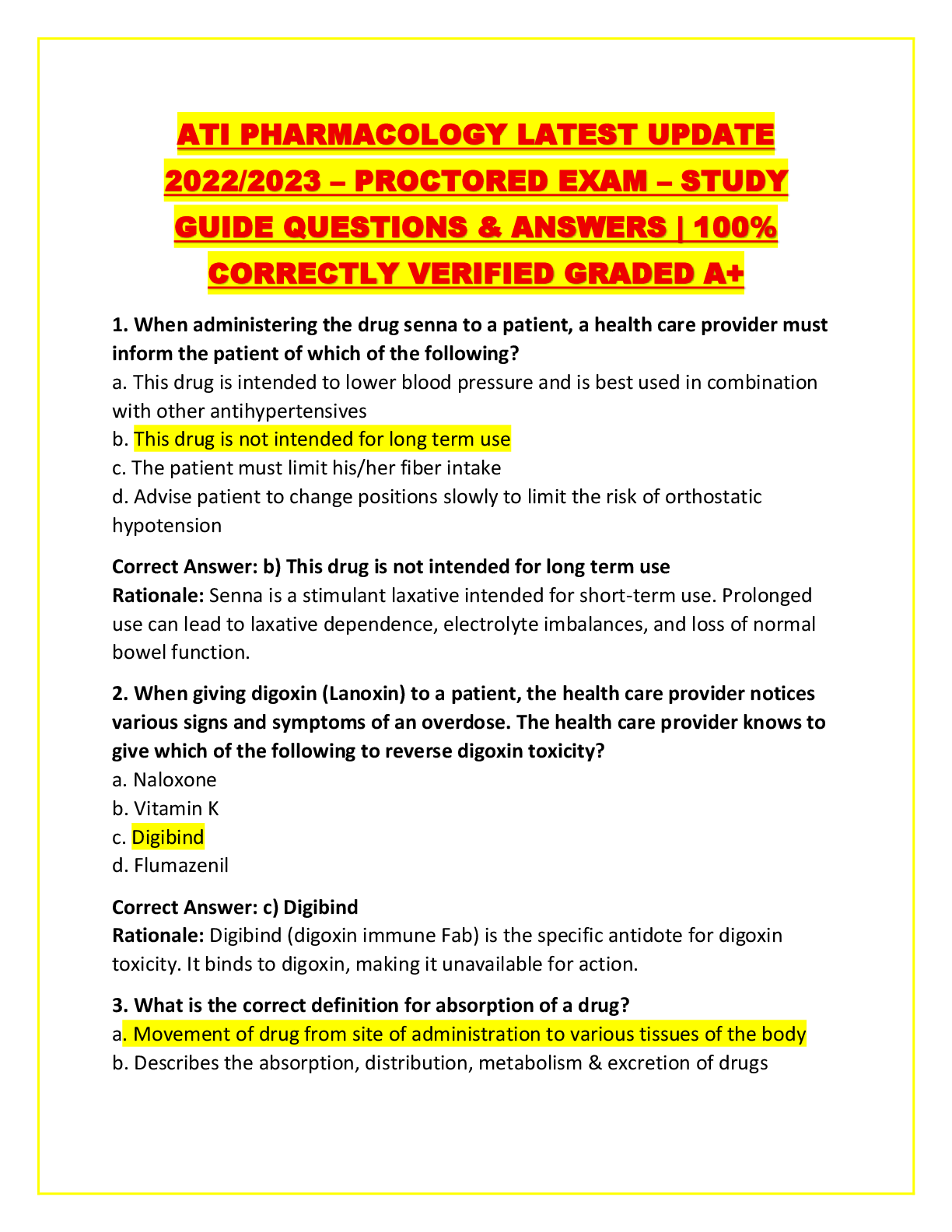 Recommended document preview for PHARMACOLOGY LATEST UPDATE 2022/2023 – PROCTORED EXAM – STUDY GUIDE QUESTIONS & ANSWERS | 100% CORRECTLY VERIFIED GRADED A+