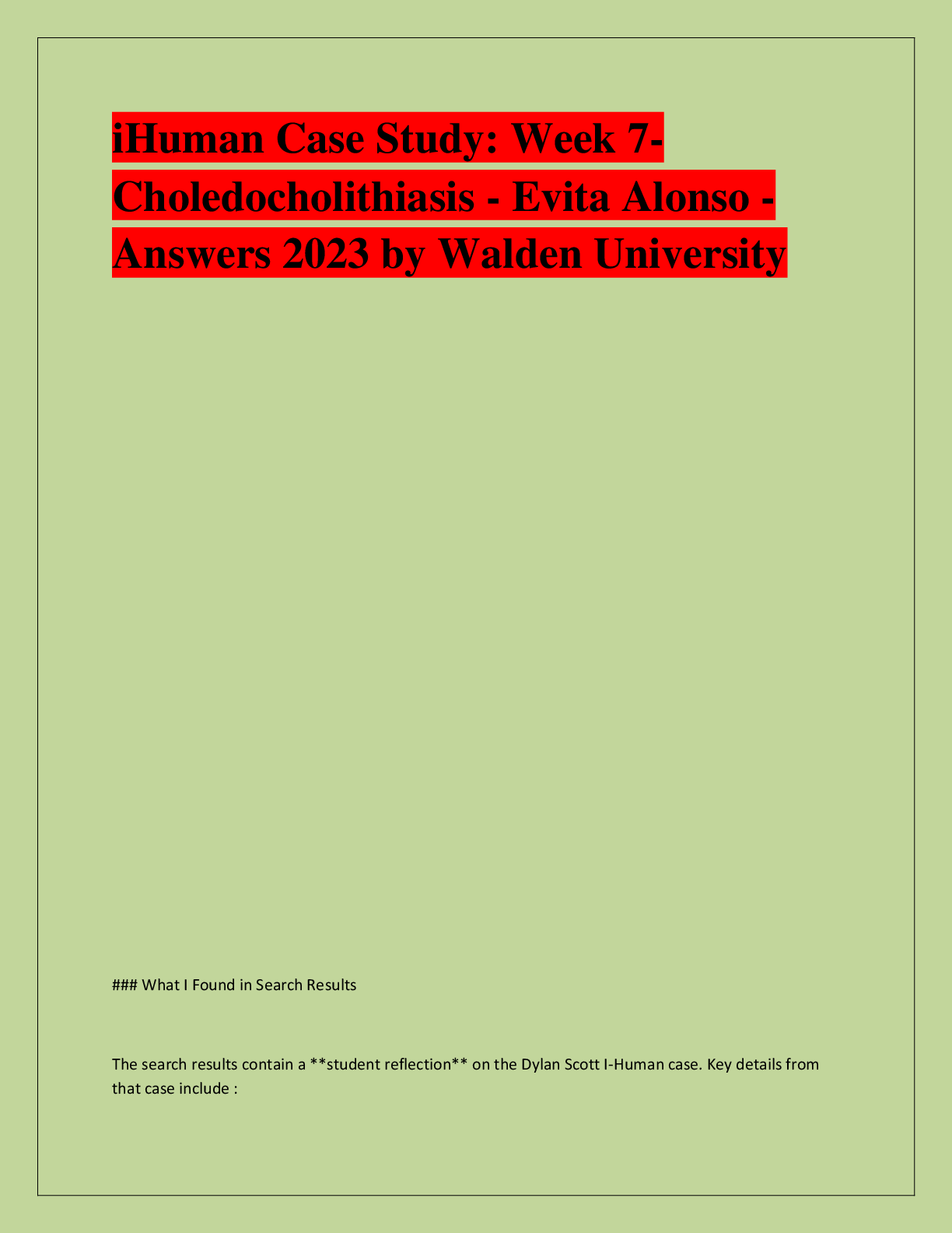 Preview of iHuman Case Study: Week 7- Choledocholithiasis - Evita Alonso - Answers 2023 by Walden University