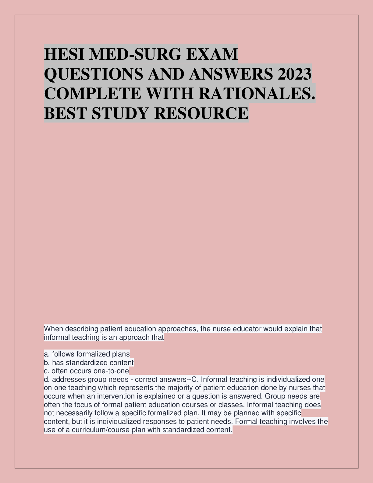 Preview of HESI MED-SURG EXAM  QUESTIONS AND ANSWERS 2023  COMPLETE WITH RATIONALES.  BEST STUDY RESO