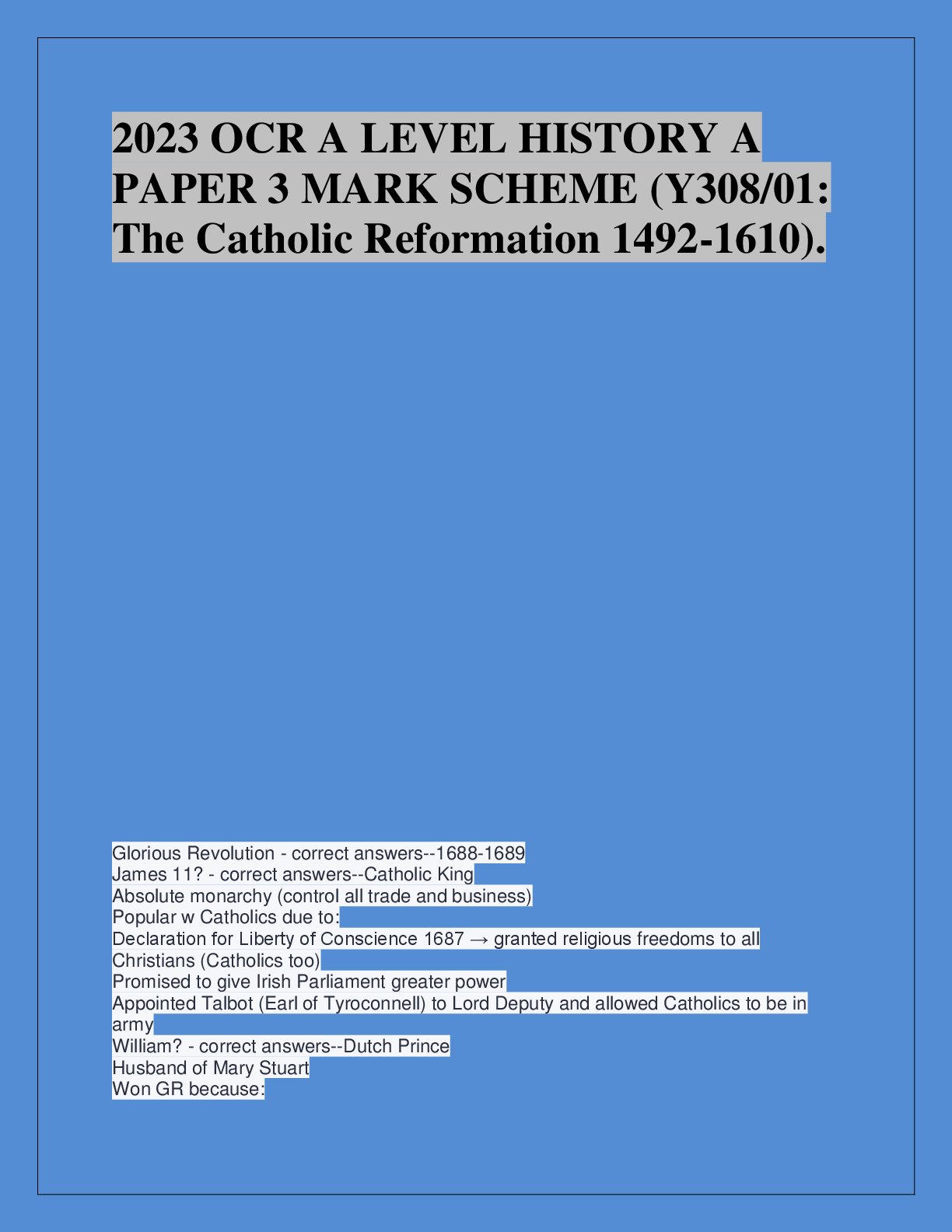 Preview of 2023 OCR A LEVEL HISTORY A  PAPER 3 MARK SCHEME (Y308/01:  The Catholic Reformation 1492-1