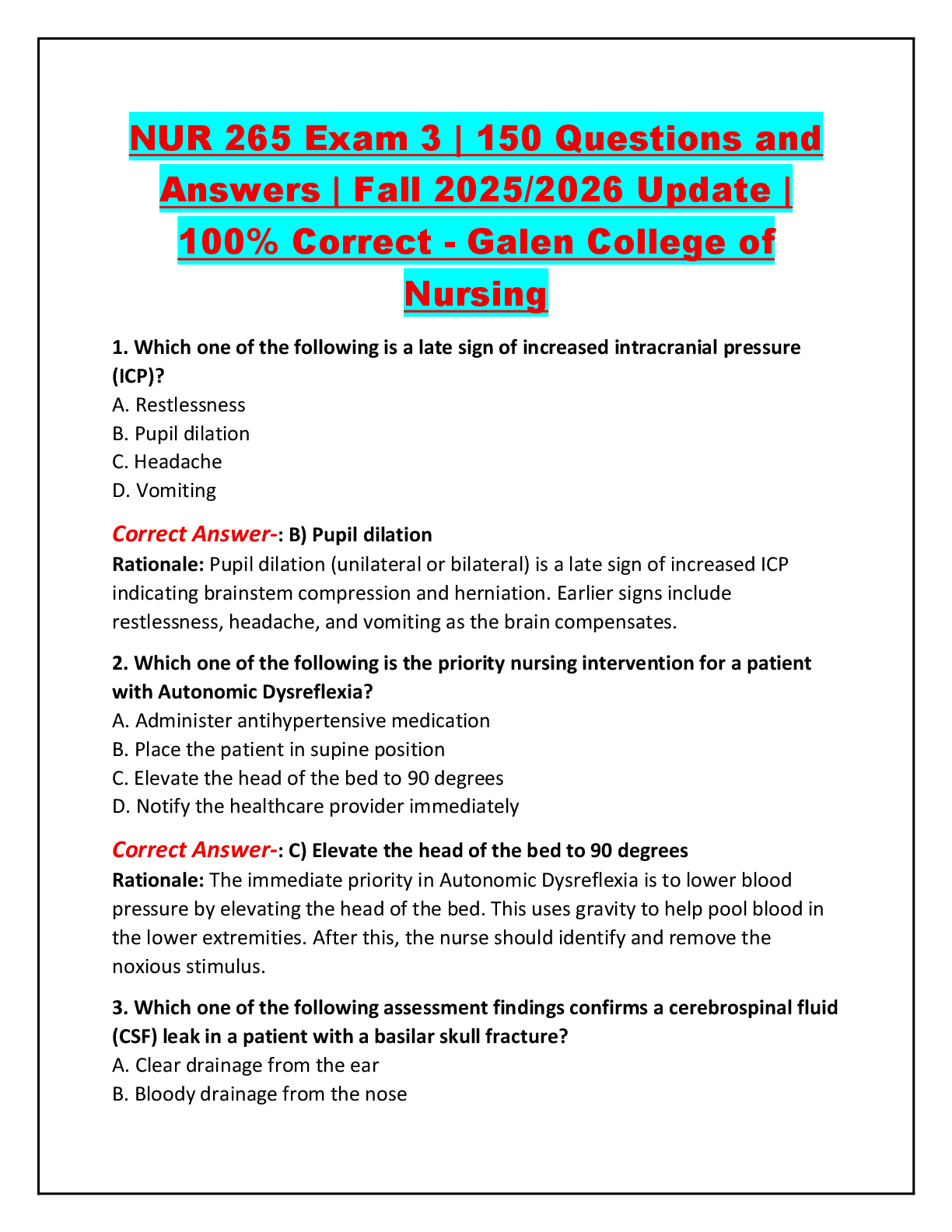 Preview of NUR 265 Exam 3 | 150 Questions and Answers | Fall 2025/2026 Update | 100% Correct - Galen