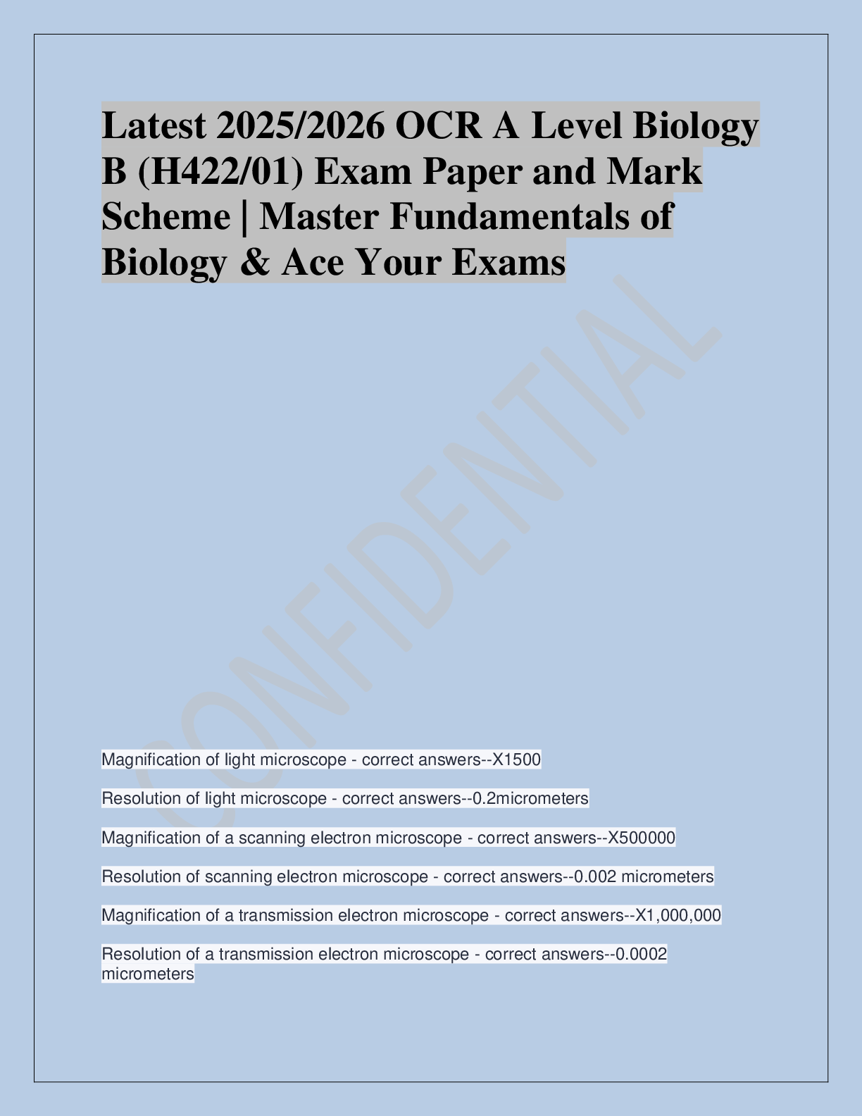 Recommended document preview for Latest 2025/2026 OCR A Level Biology  B (H422/01) Exam Paper and Mark  Scheme | Master Fundamentals of  Biology & Ace Your Exams