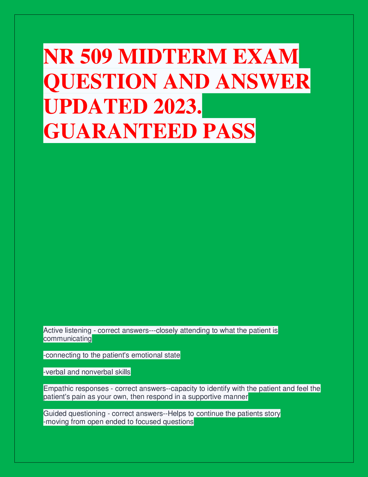 Recommended document preview for NR 509 MIDTERM EXAM  QUESTION AND ANSWER  UPDATED 2023.  GUARANTEED PASS