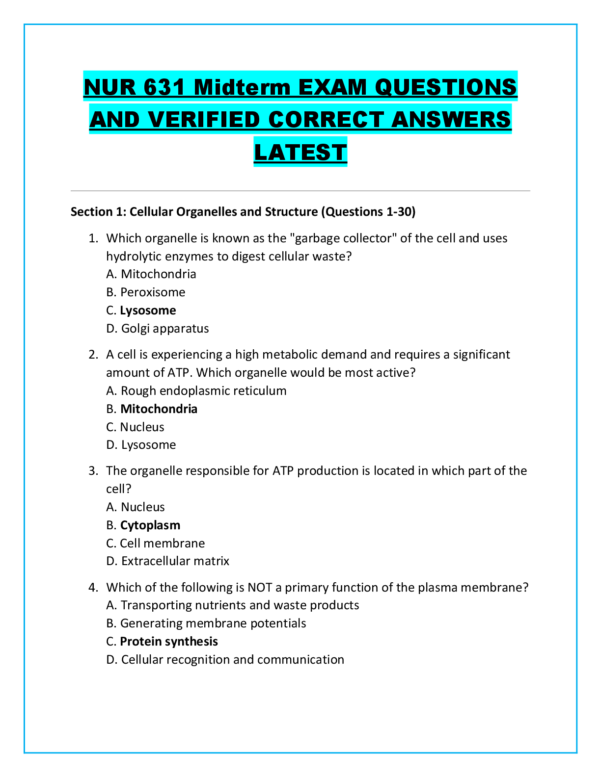 Recommended document preview for NUR 631 Midterm EXAM QUESTIONS AND VERIFIED CORRECT ANSWERS LATEST