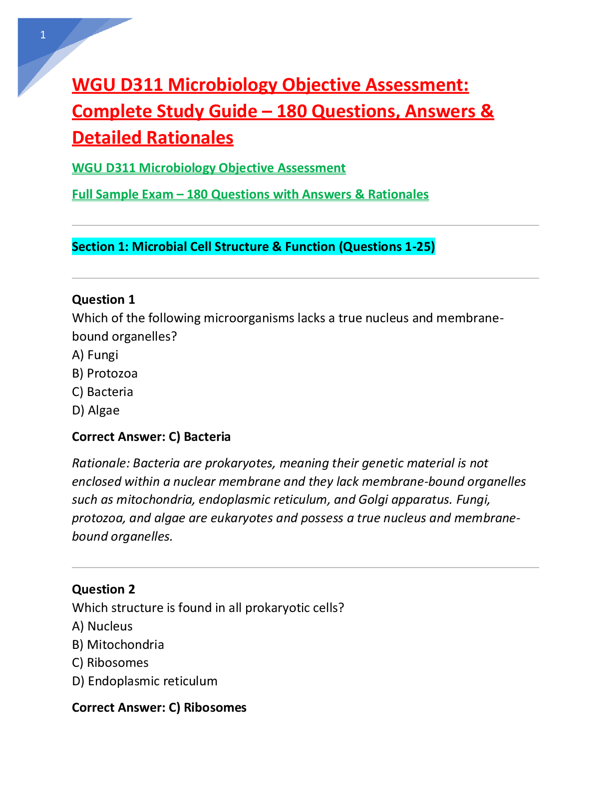 Recommended document preview for WGU D311 Microbiology OA Final Exam Practice Test: 180 Verified  Questions & Answers with Rationales | Latest 2025/2026 Edition