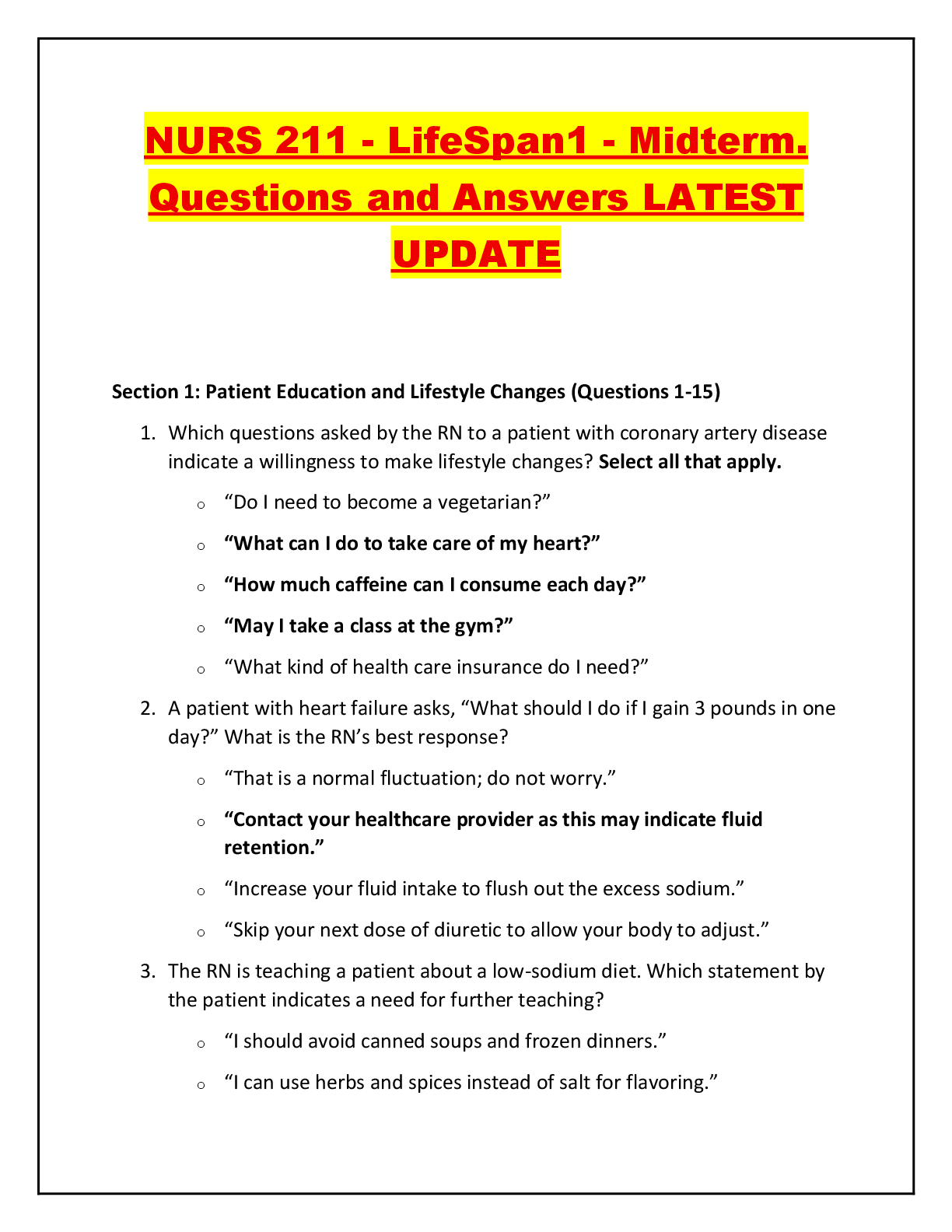 Preview of NURS 211 - LifeSpan1 - Midterm. Questions and Answers LATEST UPDATE
