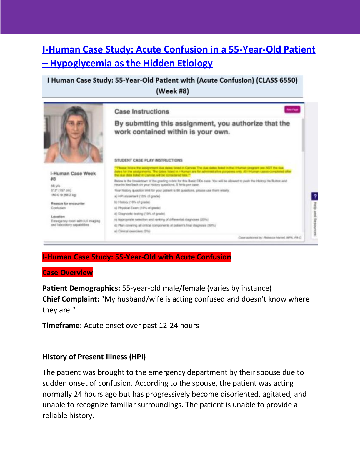 Preview of I Human Case Study: 55-Year-Old Patient with Acute Confusion (CLASS 6550, Week #8)