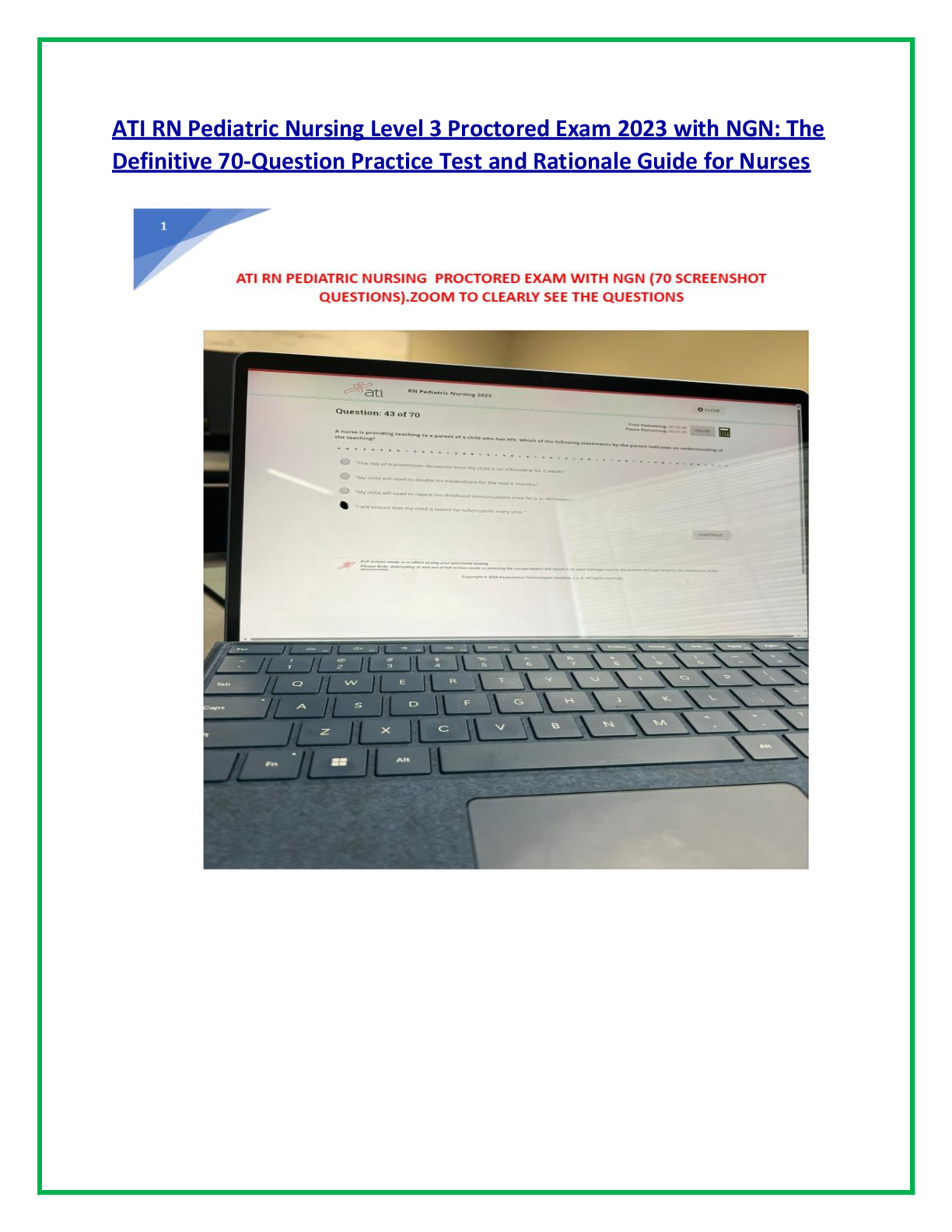 Preview of ATI RN Pediatric Nursing Level 3 Proctored Exam  2023 NGN: Essential 70-Question Review with  Detailed Rationales for Nursing Students and  Educators