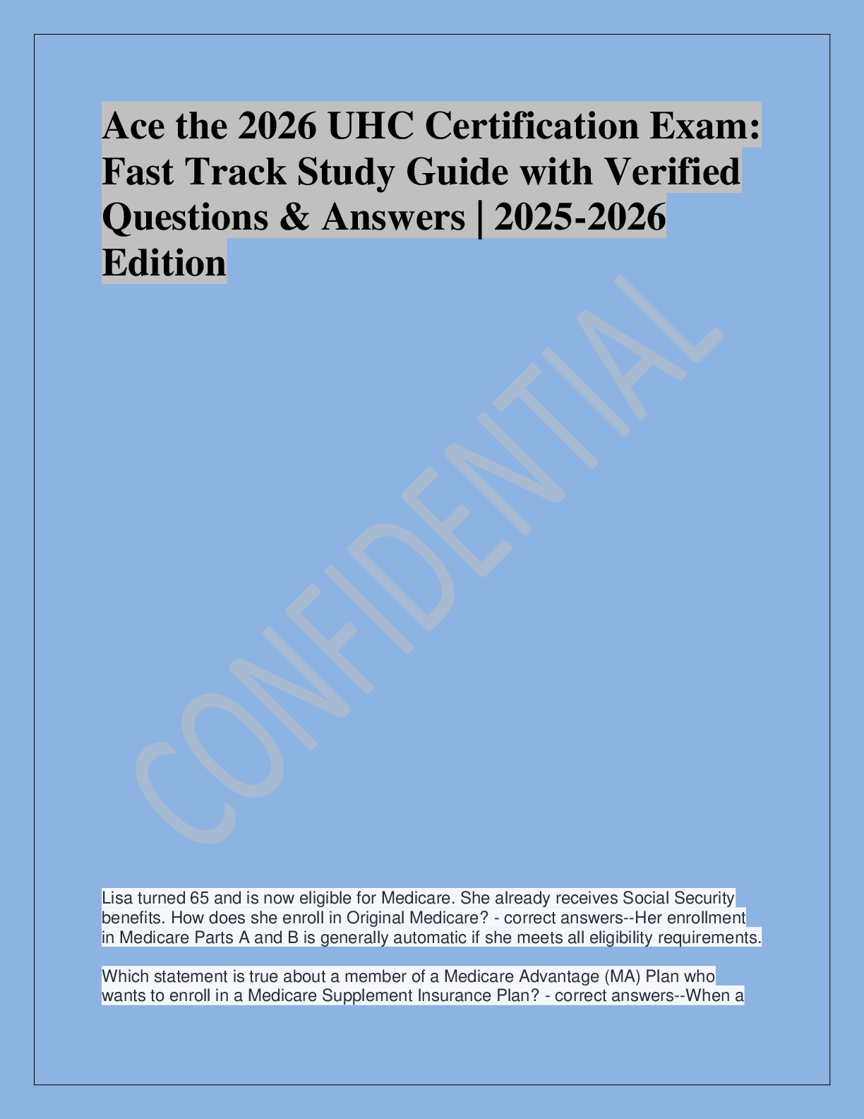 Recommended document preview for Ace the 2026 UHC Certification Exam:  Fast Track Study Guide with Verified  Questions & Answers | 2025-2026  Edition