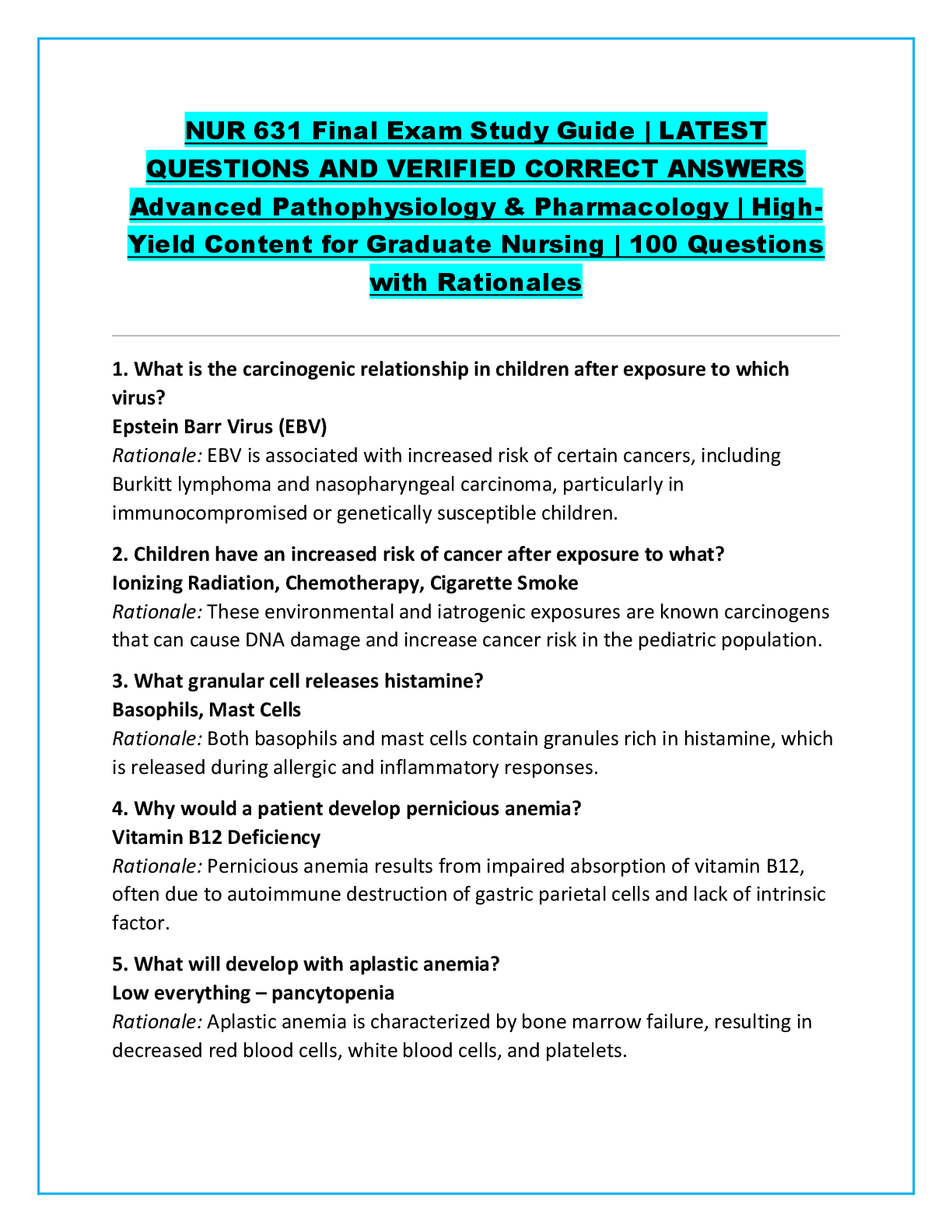 Recommended document preview for NUR 631 Final Exam Study Guide | LATEST QUESTIONS AND VERIFIED CORRECT ANSWERS Advanced Pathophysiology & Pharmacology | High-Yield Content for Graduate Nursing | 100 Questions with Rationales
