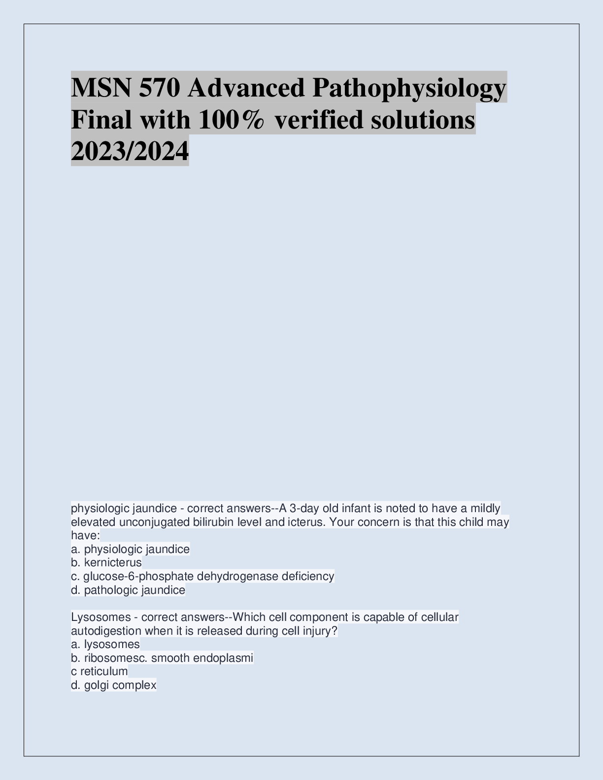 Recommended document preview for MSN 570 Advanced Pathophysiology  Final with 100% verified solutions  2023/2024
