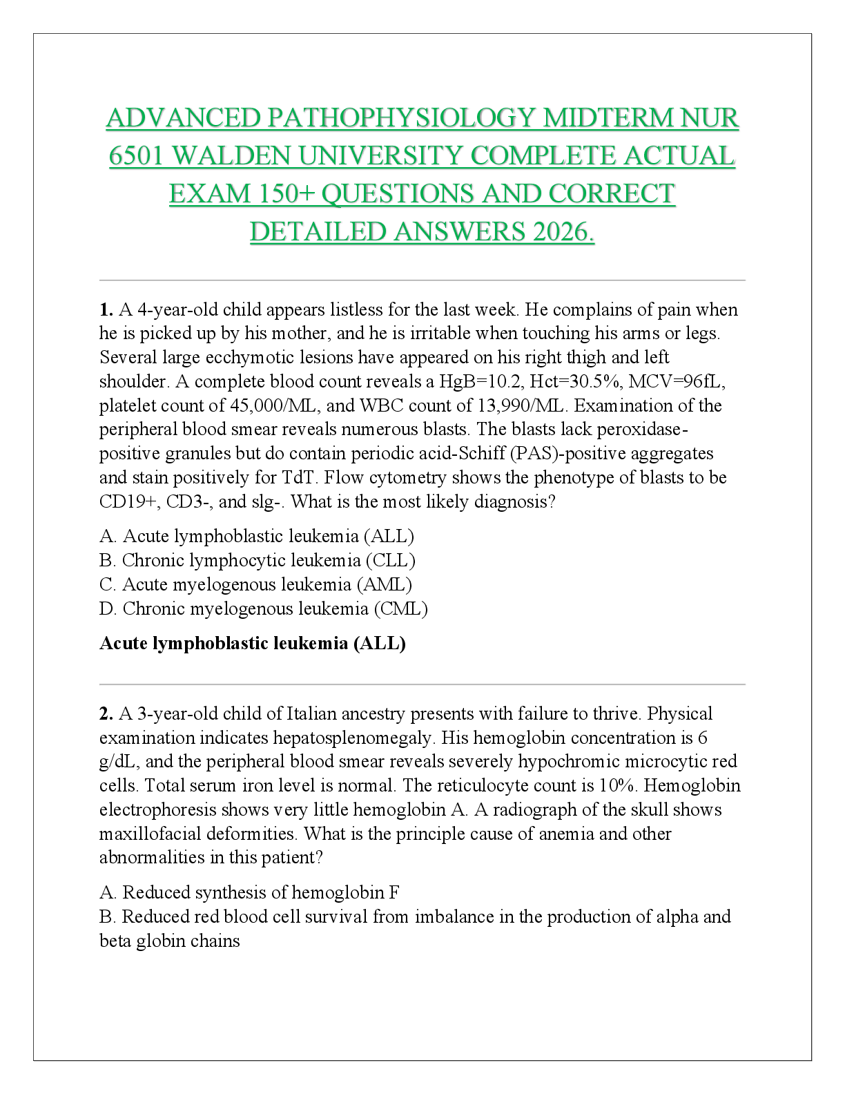 Recommended document preview for ADVANCED PATHOPHYSIOLOGY MIDTERM NUR 6501 WALDEN UNIVERSITY COMPLETE ACTUAL EXAM 150+ QUESTIONS AND CORRECT DETAILED ANSWERS 2026