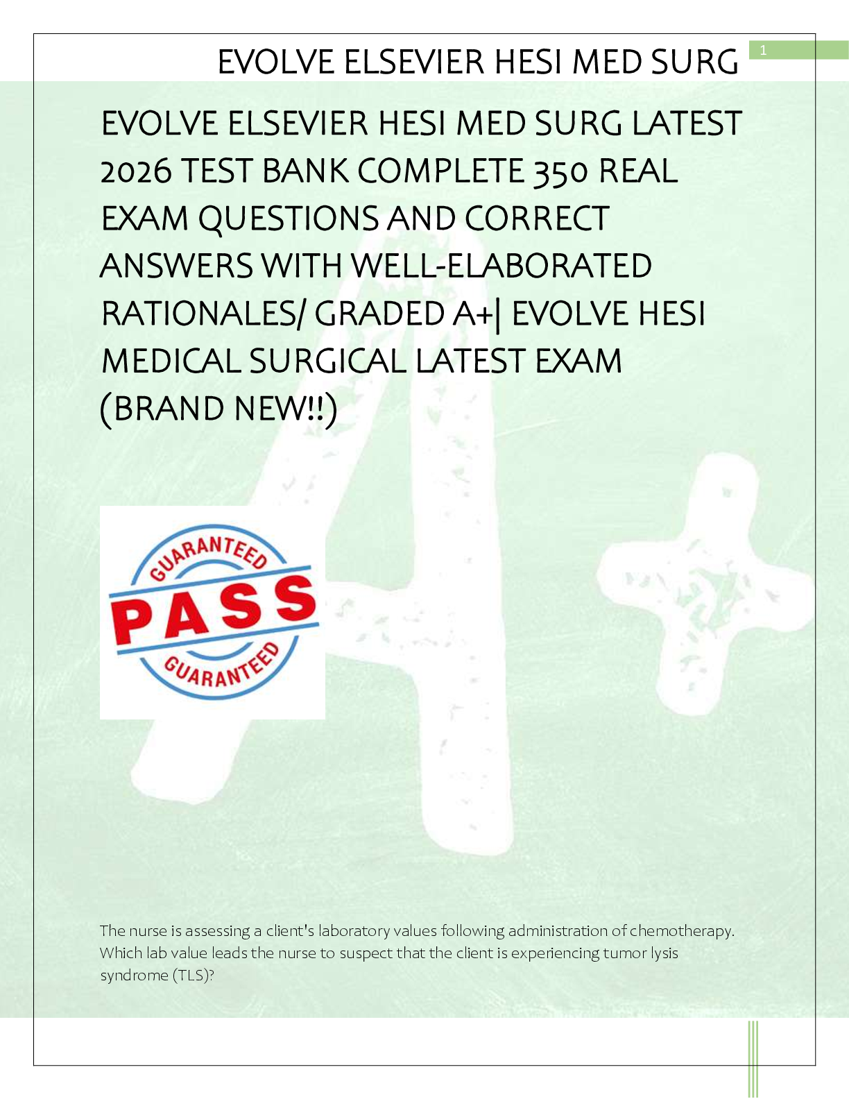 Preview of EVOLVE ELSEVIER HESI MED SURG LATEST  2026 TEST BANK COMPLETE 350 REAL  EXAM QUESTIONS AND