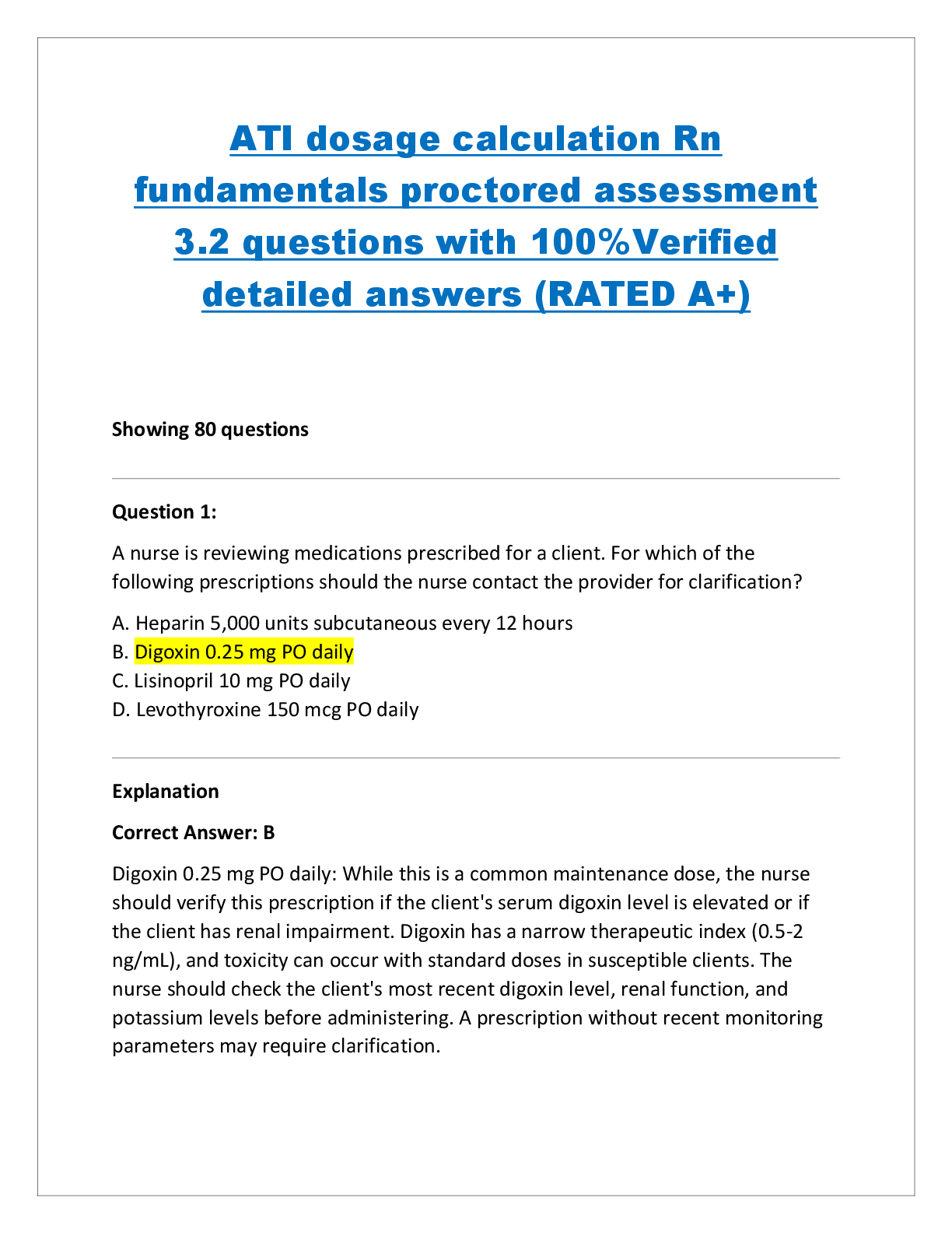 Recommended document preview for dosage calculation Rn fundamentals proctored assessment 3.2 questions with 100%Verified detailed answers (RATED A+)