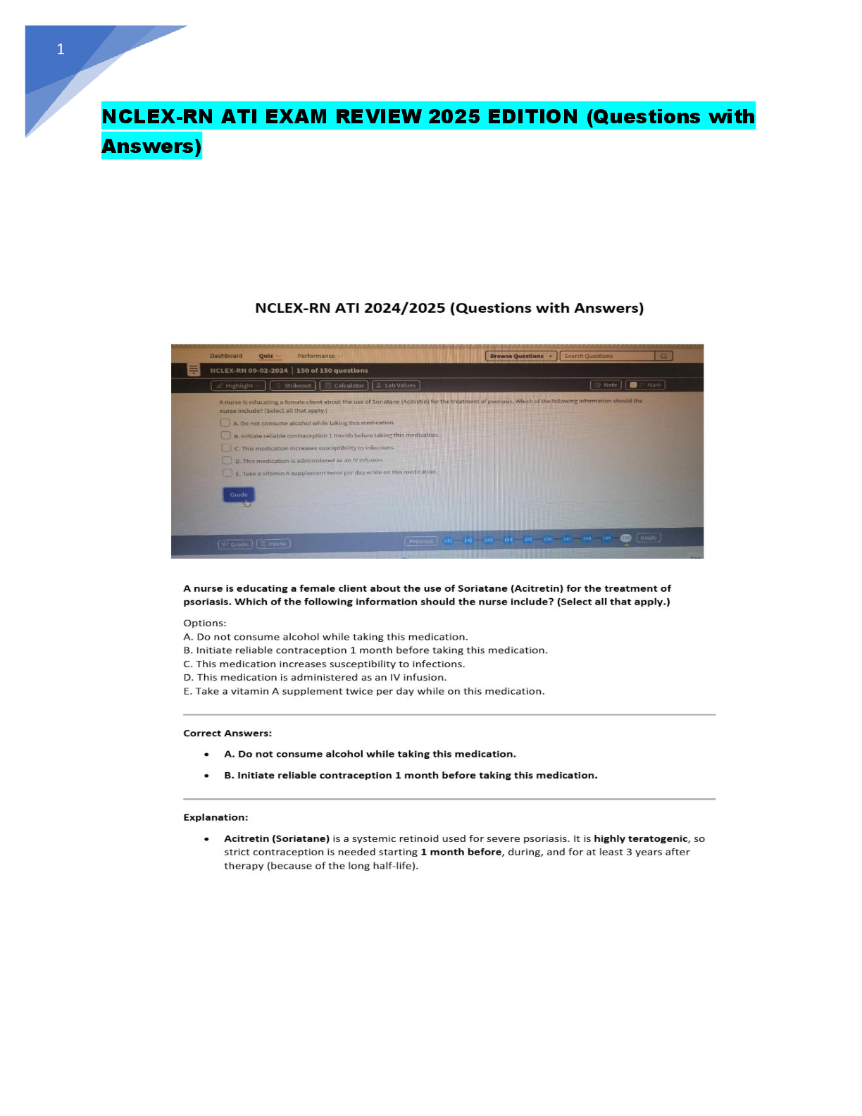 Recommended document preview for NCLEX-RN ATI Exam Review 2025: 180 Practice  Questions with Answers and Detailed Clinical Rationales  for Success.
