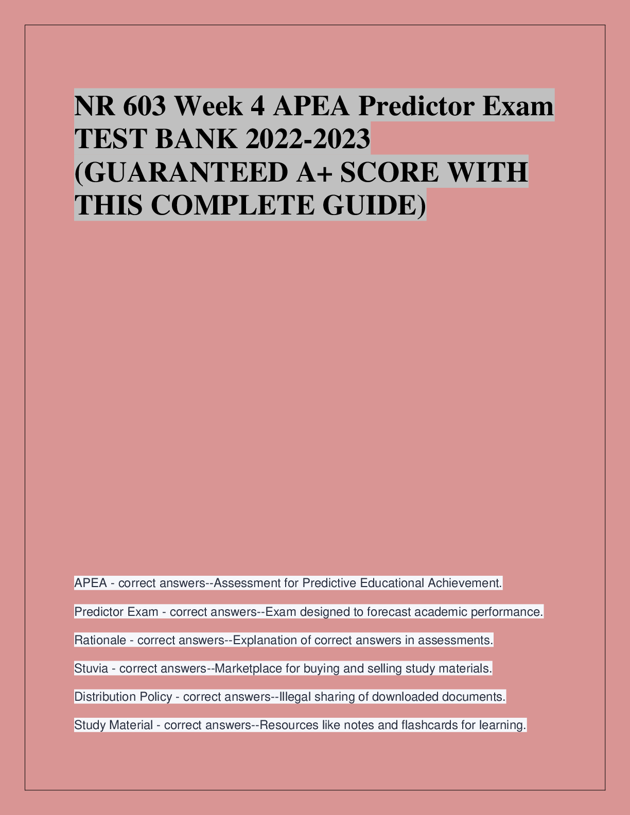 Recommended document preview for NR 603 Week 4 APEA Predictor Exam  TEST BANK 2022-2023  (GUARANTEED A+ SCORE WITH  THIS COMPLETE GUIDE)