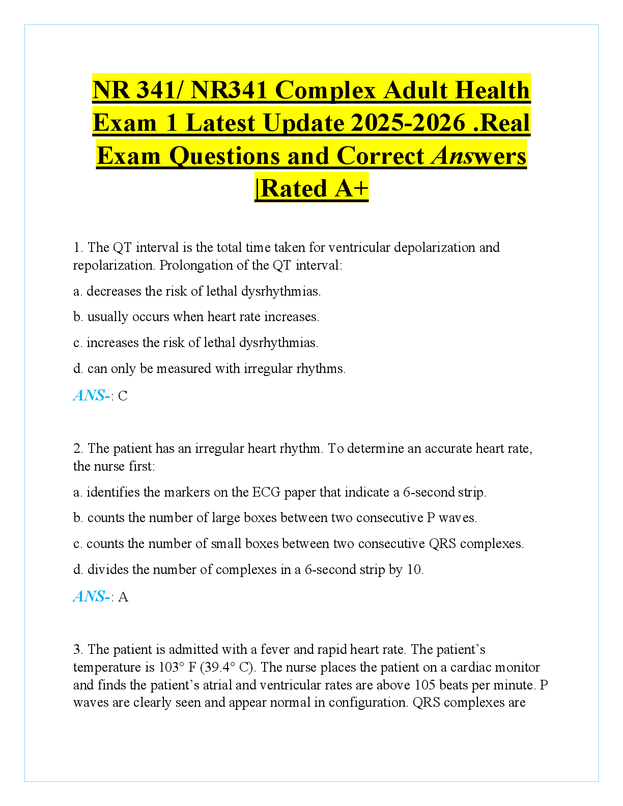 Recommended document preview for NR 341/ NR341 Complex Adult Health  Exam 1 Latest Update 2025-2026 .Real  Exam Questions and Correct Answers  |Rated A+