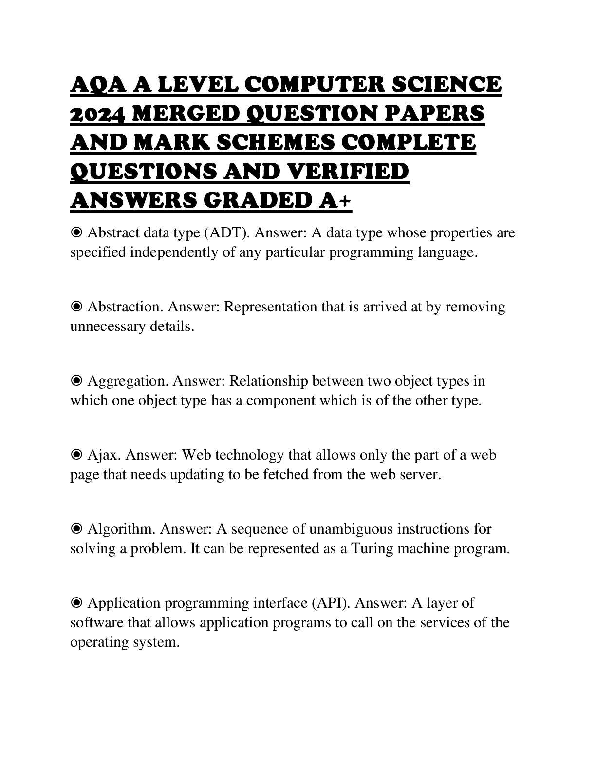 Recommended document preview for AQA A LEVEL COMPUTER SCIENCE 2024 MERGED QUESTION PAPERS AND MARK SCHEMES COMPLETE QUESTIONS AND VERIFIED ANSWERS GRADED A+